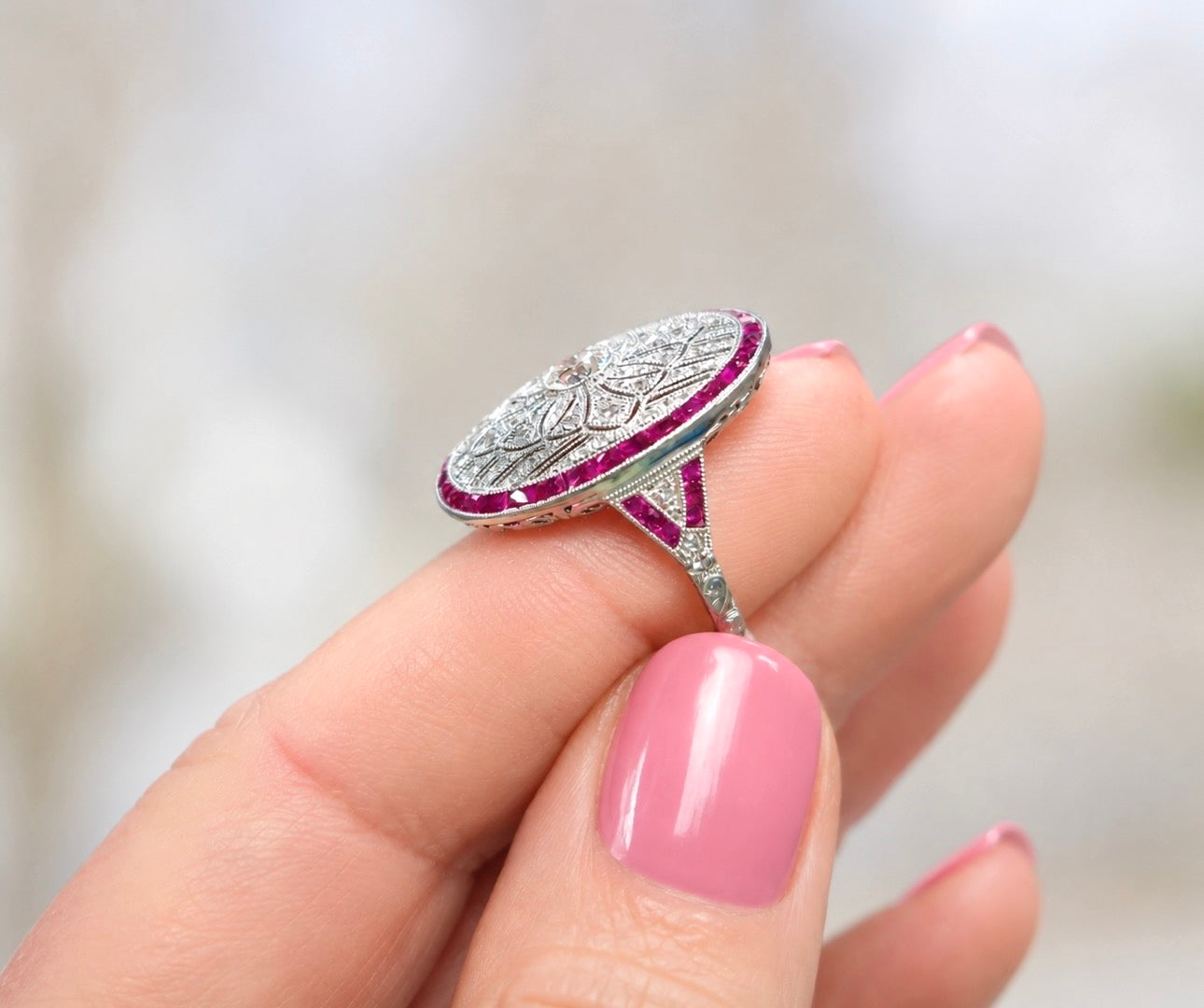 Art Deco Style Platinum Diamond, Calibre Ruby Plaque Ring, Old European Diamond 0.57 carats - overall diamond carat weight 2.07