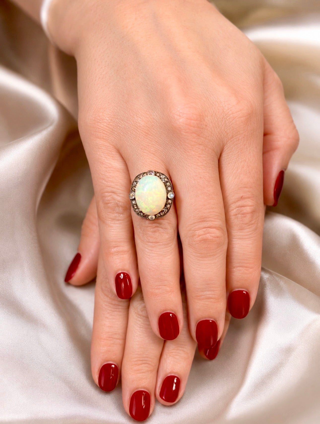 Late Victorian Certified 13.5 Carat Precious Opal Diamond Cluster Ring