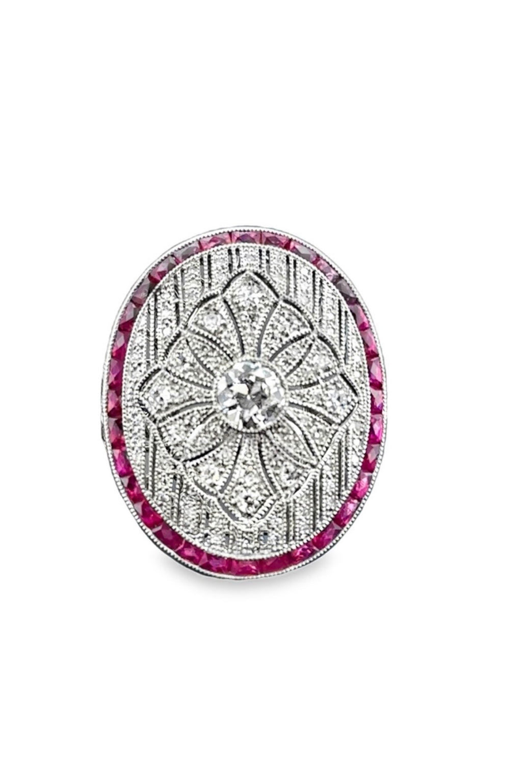 Art Deco Style Platinum Diamond, Calibre Ruby Plaque Ring, Old European Diamond 0.57 carats - overall diamond carat weight 2.07