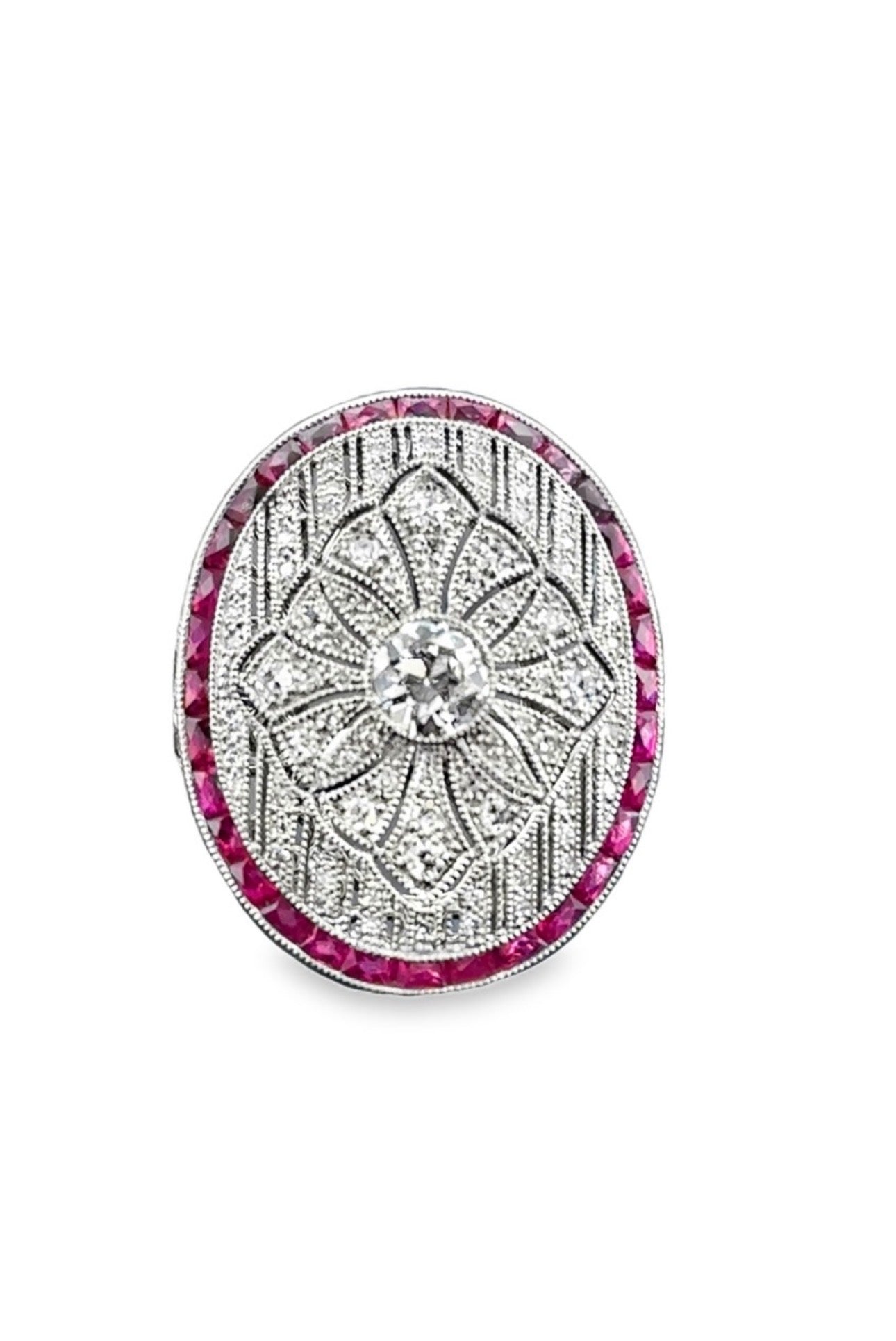 Art Deco Style Platinum Diamond, Calibre Ruby Plaque Ring, Old European Diamond 0.57 carats - overall diamond carat weight 2.07