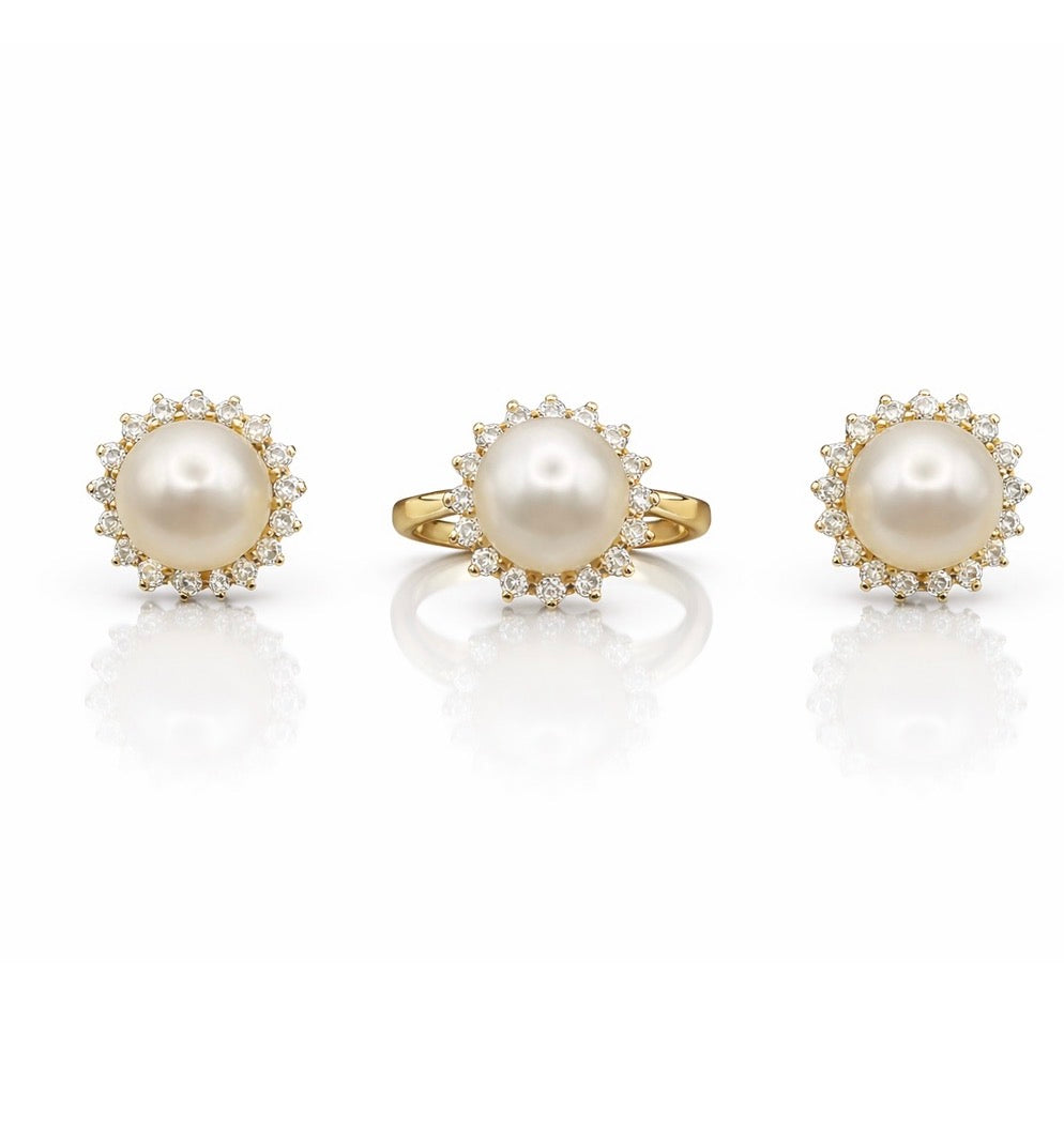 Vintage Pearl and Diamond Cluster Ring and Earrings Suite, 18ct Gold, Circa 1987