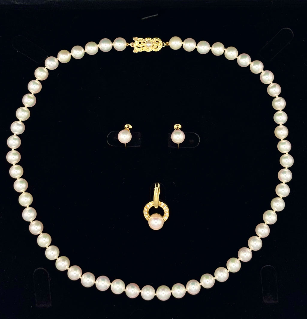 Mikimoto Cultured Akoya Pearl Necklace Suite, Diamond Pendant & Earrings, 18K Gold