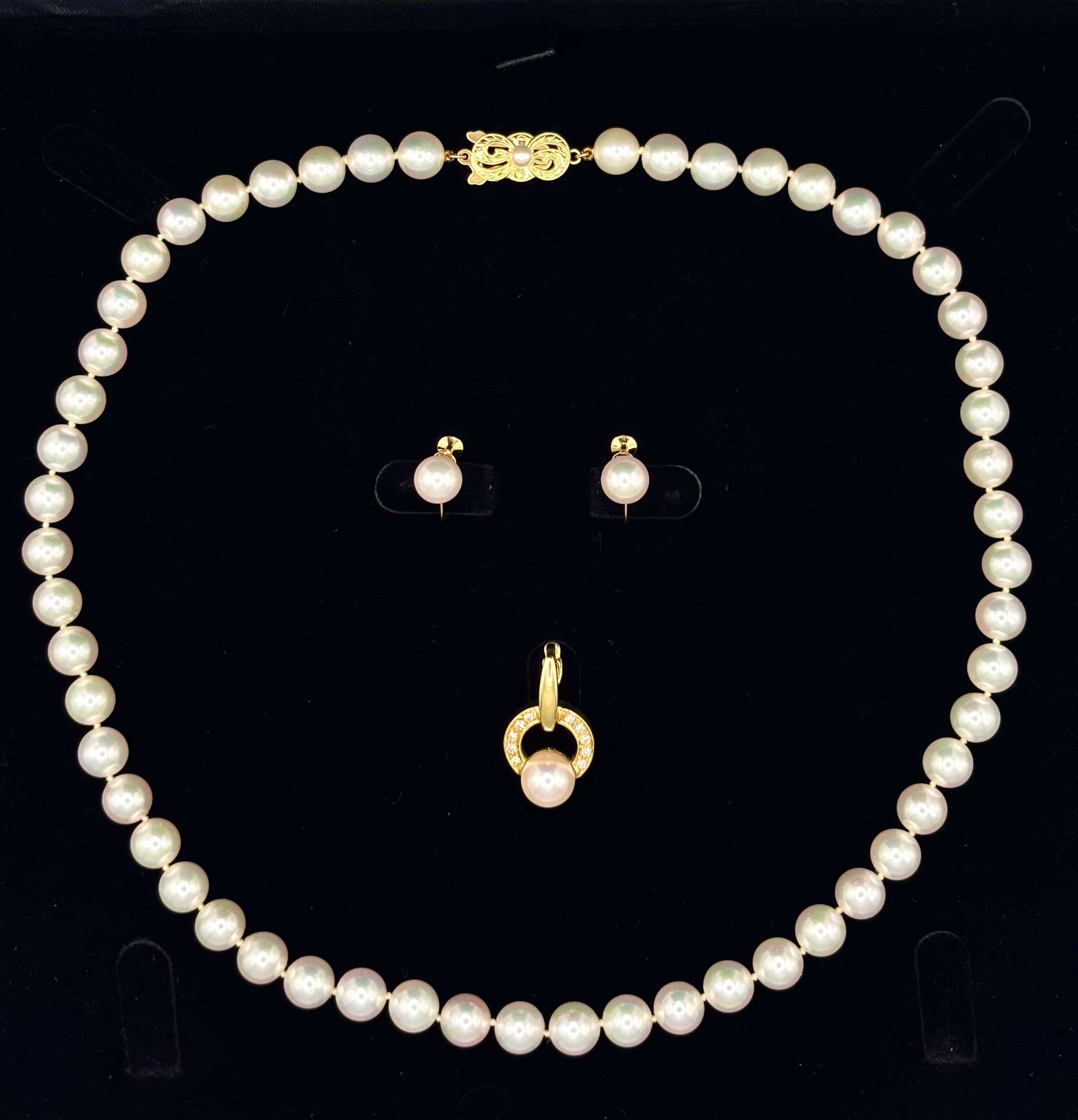 Mikimoto Cultured Akoya Pearl Necklace Suite, Diamond Pendant & Earrings, 18K Gold