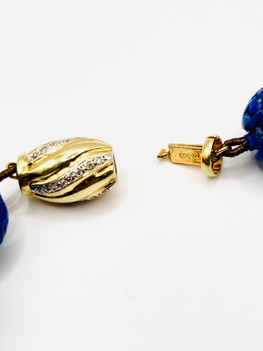 Vintage Carved Lapis Lazuli Bead Necklace with Diamond Set 14 Karat Gold Clasp