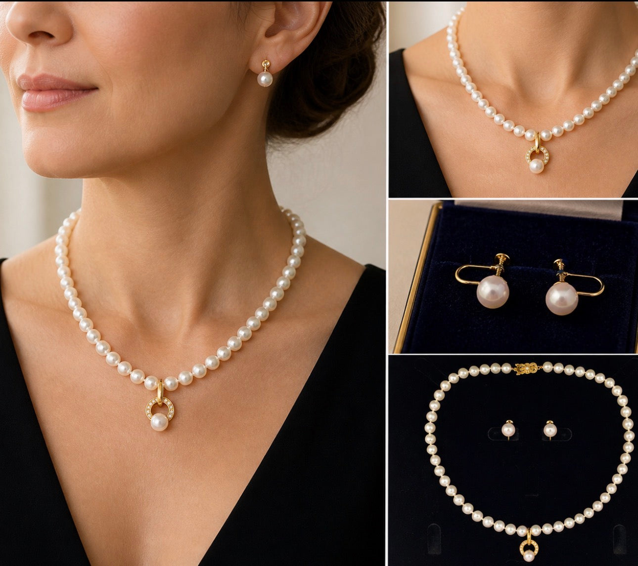 Mikimoto Cultured Akoya Pearl Necklace Suite, Diamond Pendant & Earrings, 18K Gold