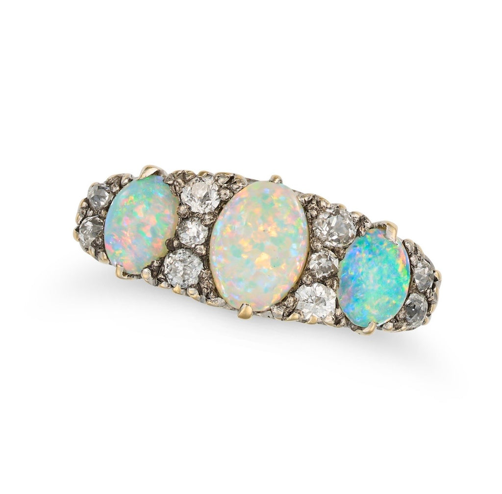 Antique Victorian Australian Opal & Old Cut Diamond Ring, Circa 1890s, 18ct Gold