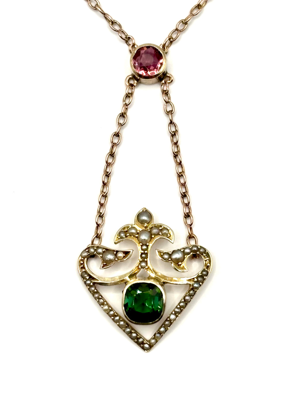Edwardian 9ct Gold Pink & Apple Green Tourmaline Lavaliere Necklace with Pearls