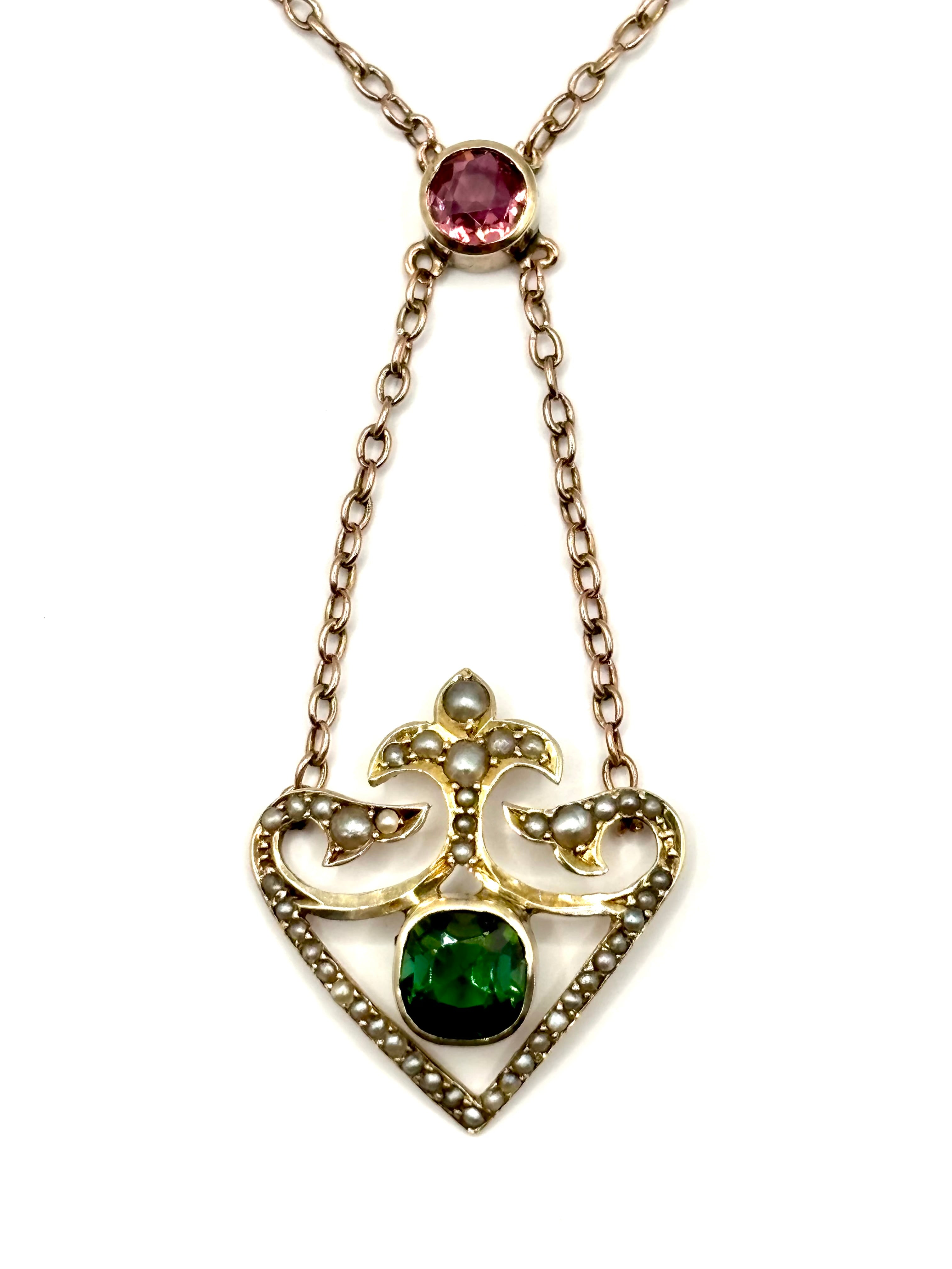 Edwardian 9ct Gold Pink & Apple Green Tourmaline Lavaliere Necklace with Pearls