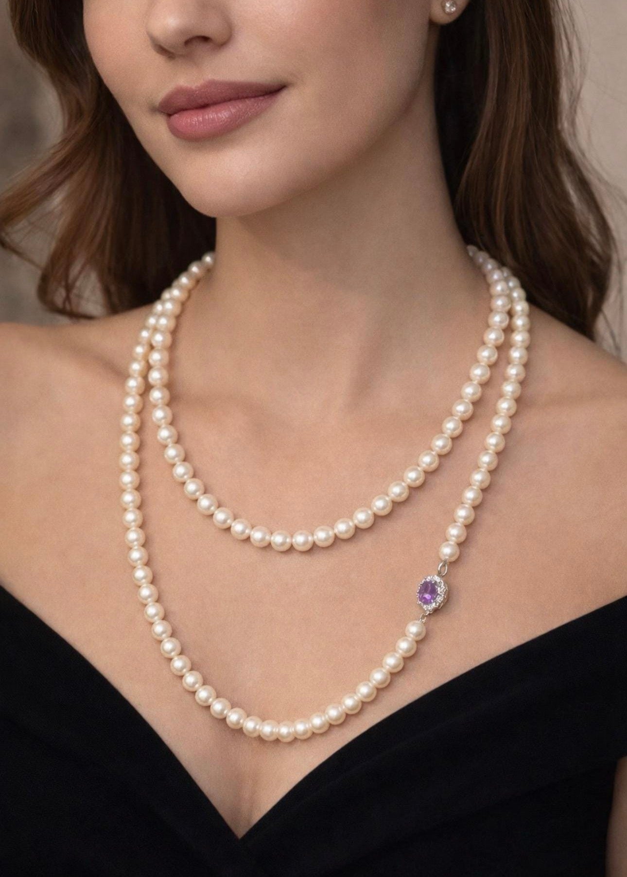VINTAGE CULTURED PEARL Necklace with Diamonds & Amethyst White Gold Clasp