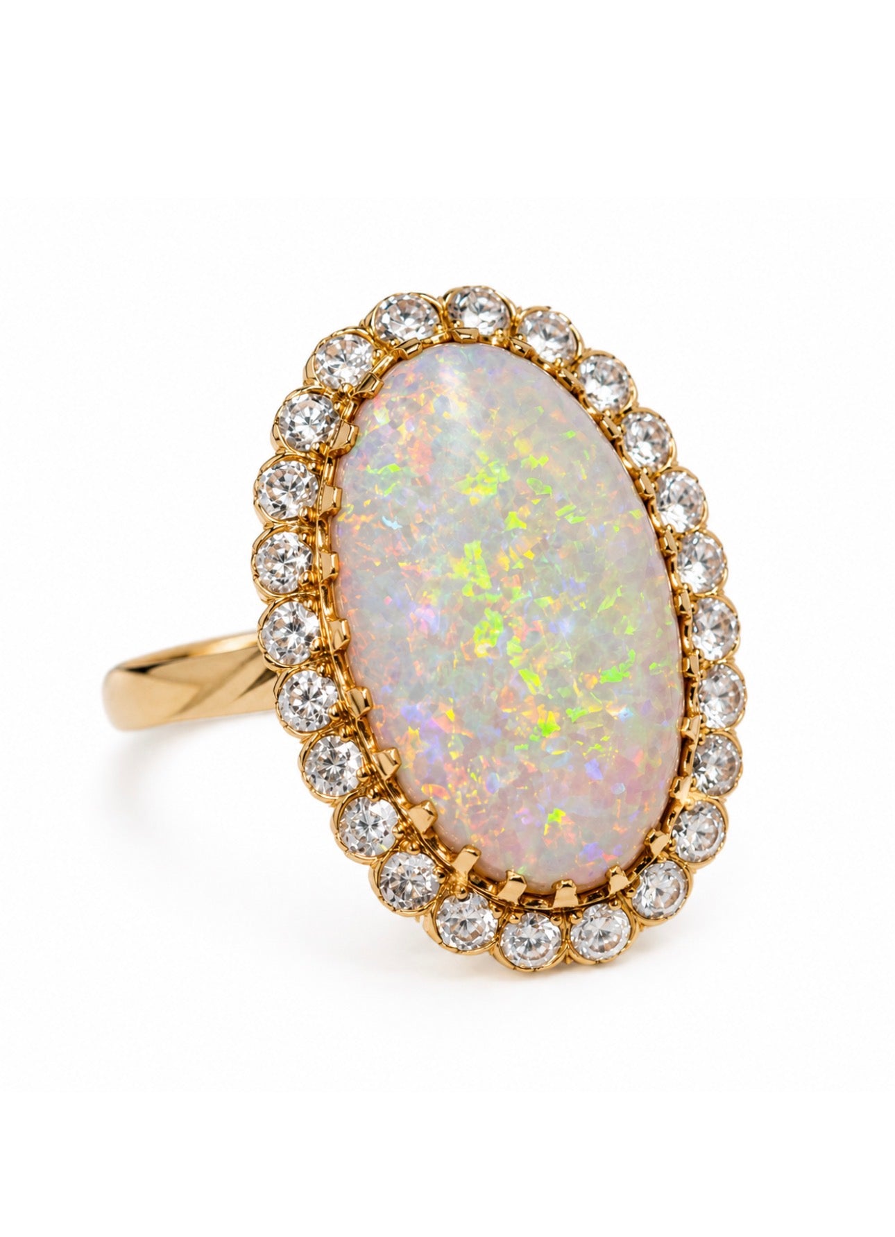 Vintage Large 8.50 carats Australian White Opal Diamond Cluster Ring in 18K Gold