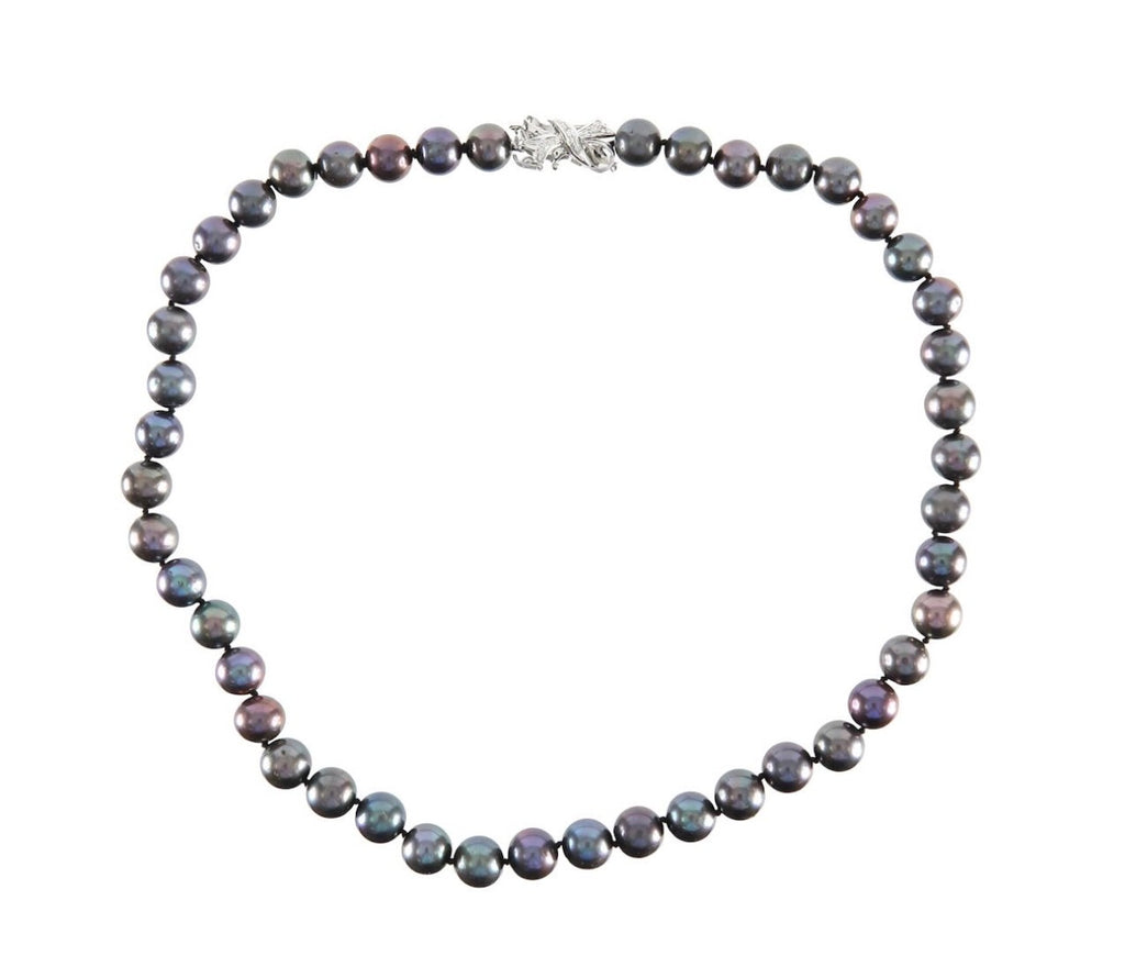 Vintage Peacock Overtone Black Cultured Pearl Necklace 18K Diamond Clasp