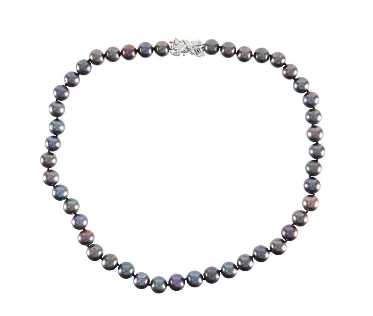 Vintage Peacock Overtone Black Cultured Pearl Necklace 18K Diamond Clasp