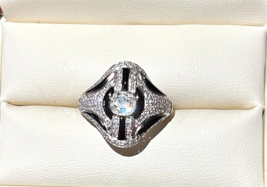 ART DECO STYLE Diamonds & Onyx Ring 18K Gold
