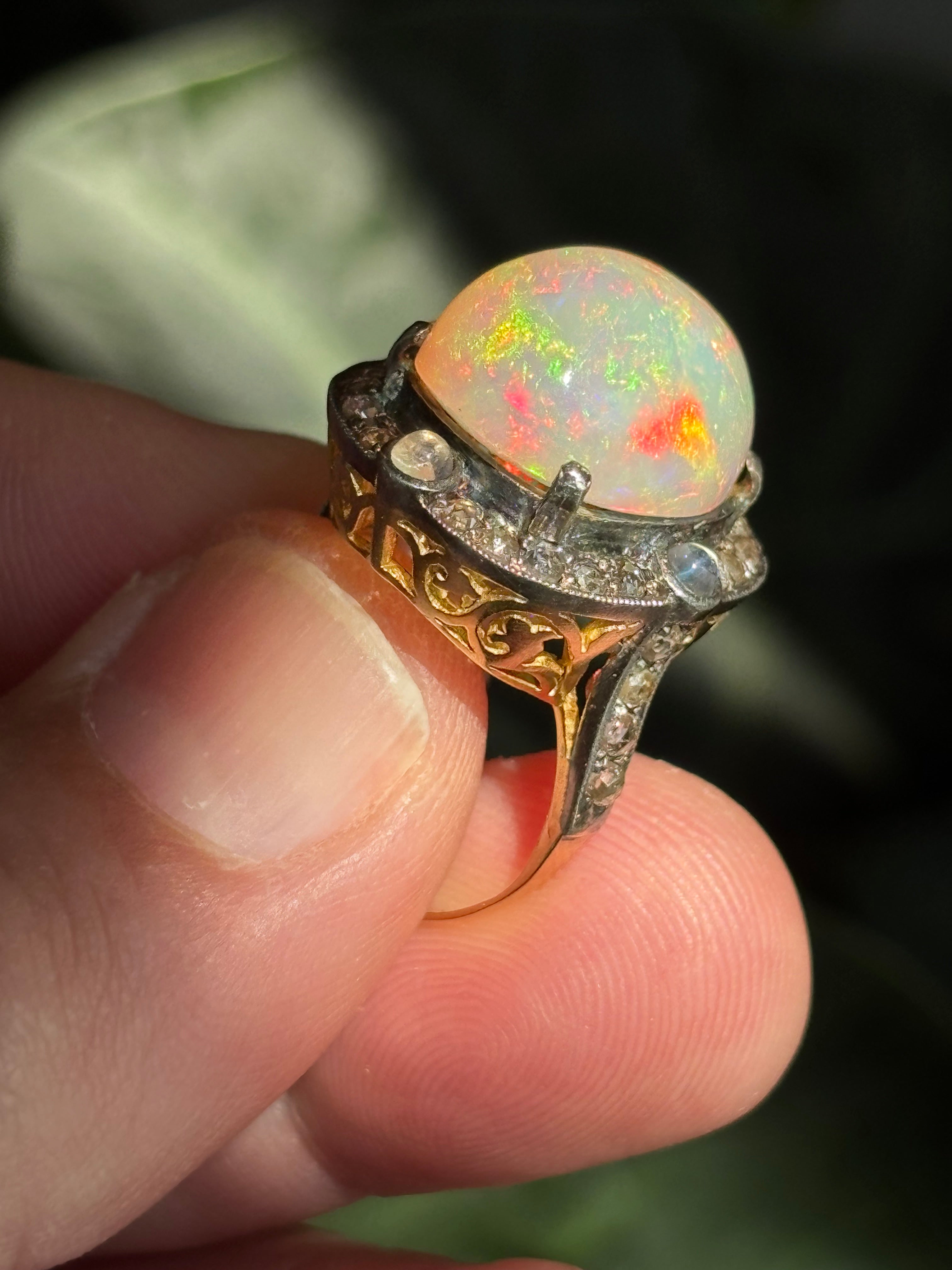 Late Victorian Certified 13.5 Carat Precious Opal Diamond Cluster Ring