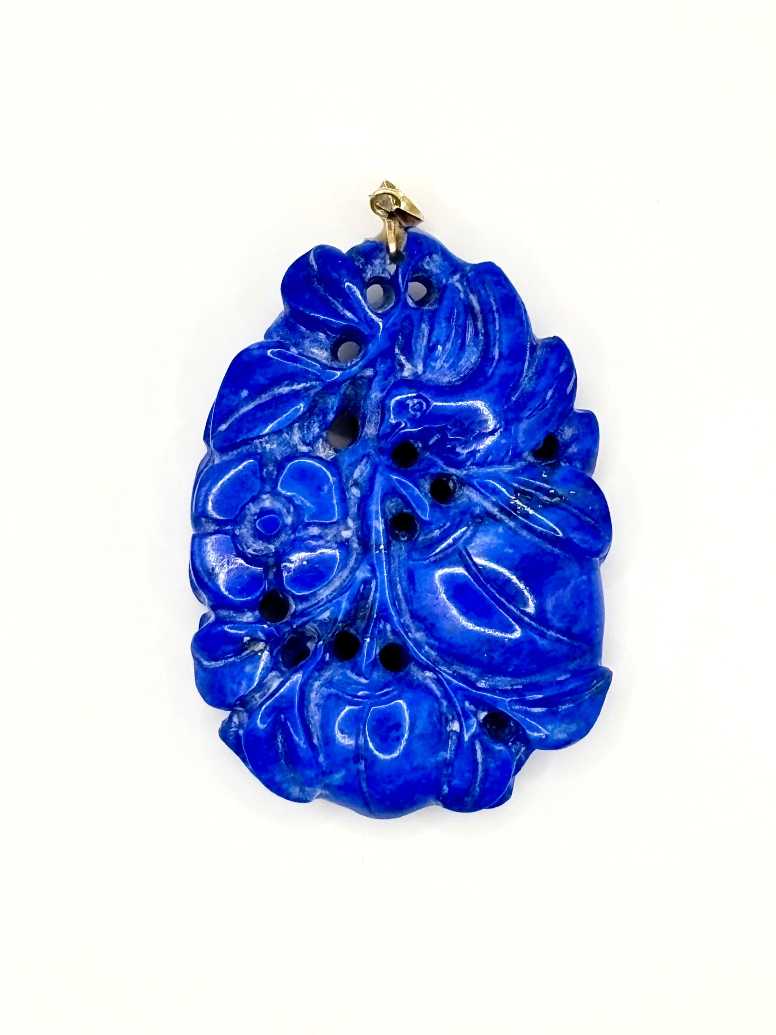 Large Double-Sided Carved Lapis Lazuli Pendant, Figural Bird Motif, Gold Bail