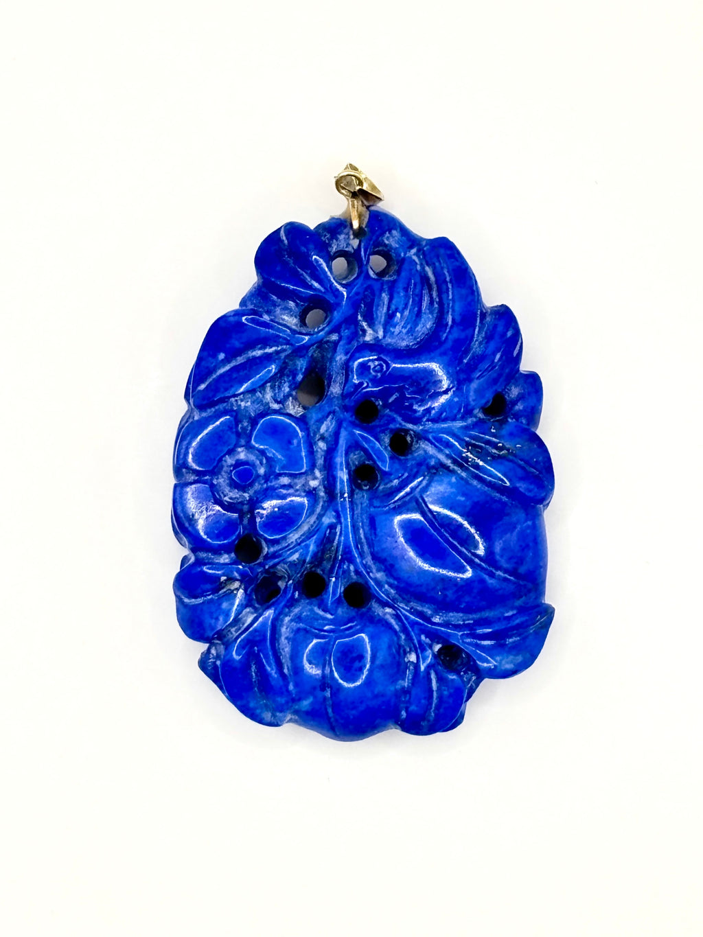 Large Double-Sided Carved Lapis Lazuli Pendant, Figural Bird Motif, Gold Bail