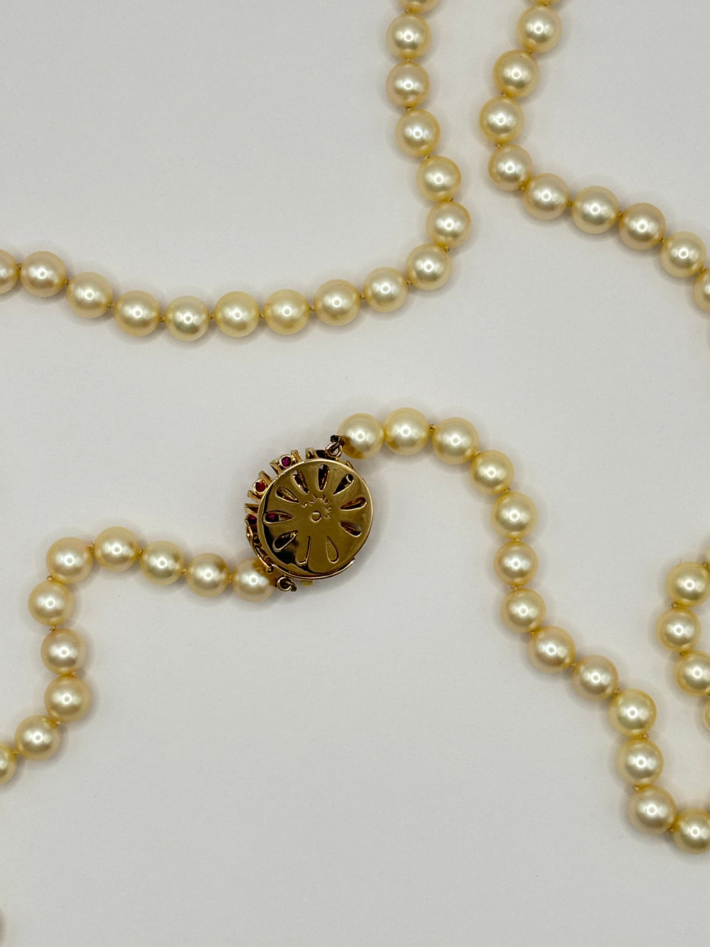 Akoya Cultured Pearl Opera Necklace, 7–8mm, 83cm, Gold & Ruby Clasp with Large Central Pearl