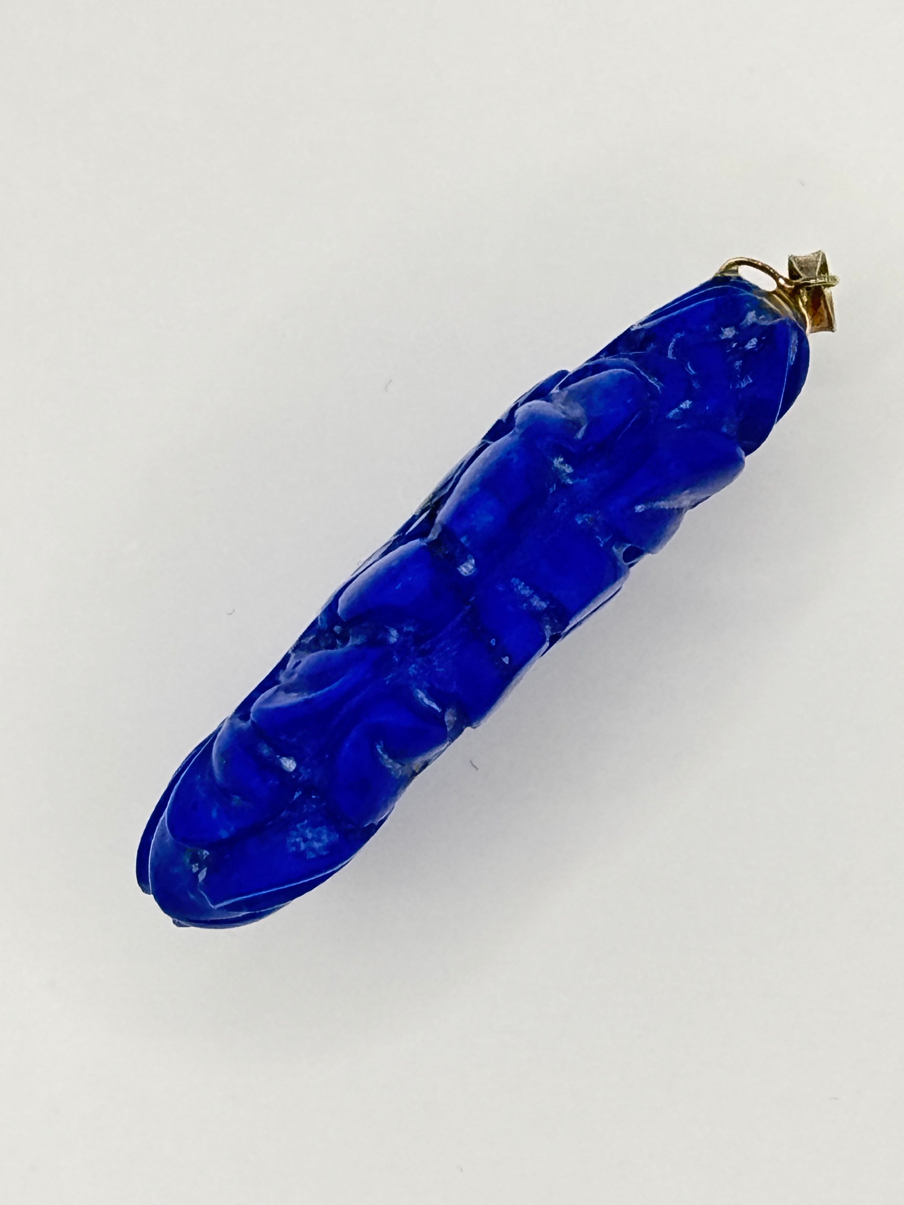 Large Double-Sided Carved Lapis Lazuli Pendant, Figural Bird Motif, Gold Bail