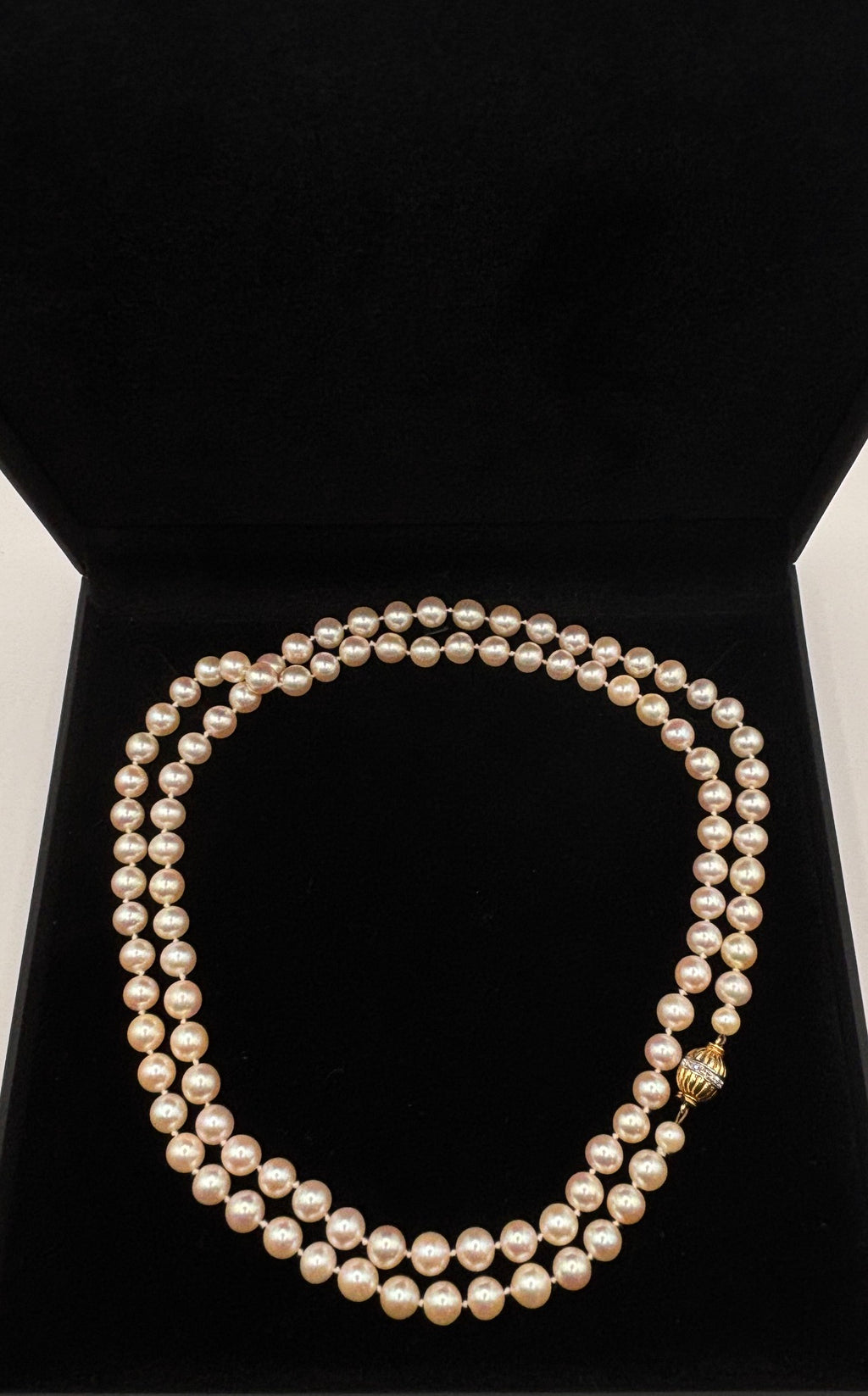 Exceptional Long Akoya Pearl Necklace, 97cm, 8mm Pearls, Hallmarked 18K Gold