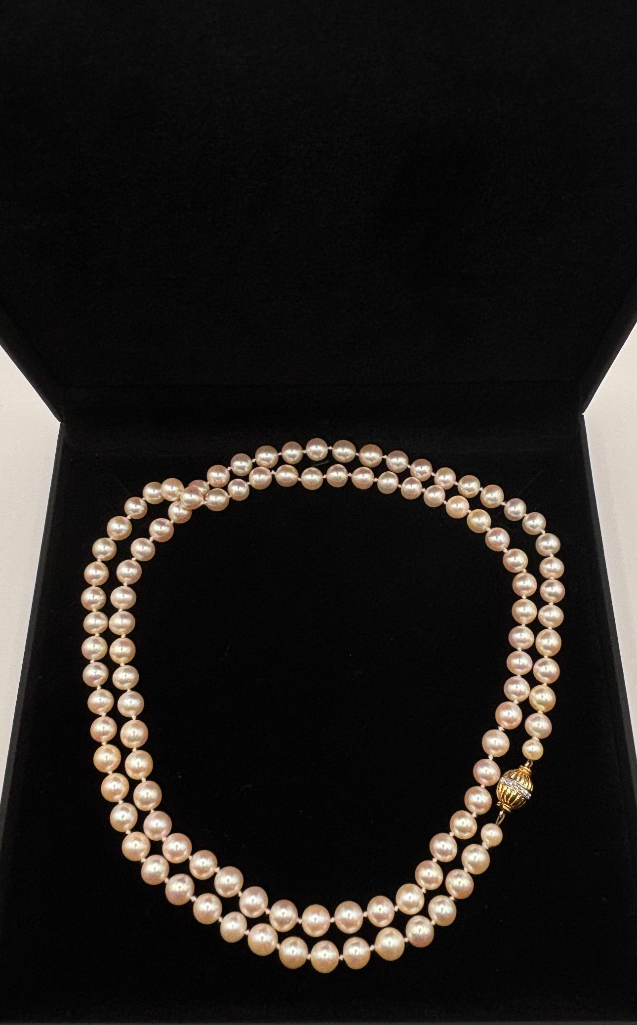 Exceptional Long Akoya Pearl Necklace, 97cm, 8mm Pearls, Hallmarked 18K Gold