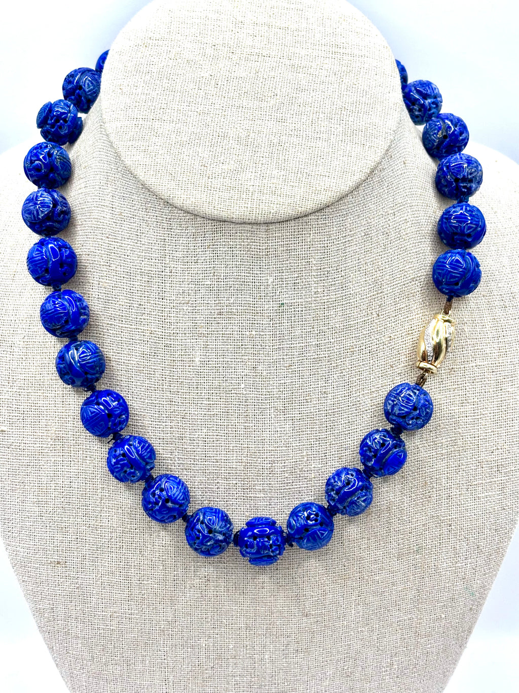 Vintage Carved Lapis Lazuli Bead Necklace with Diamond Set 14 Karat Gold Clasp
