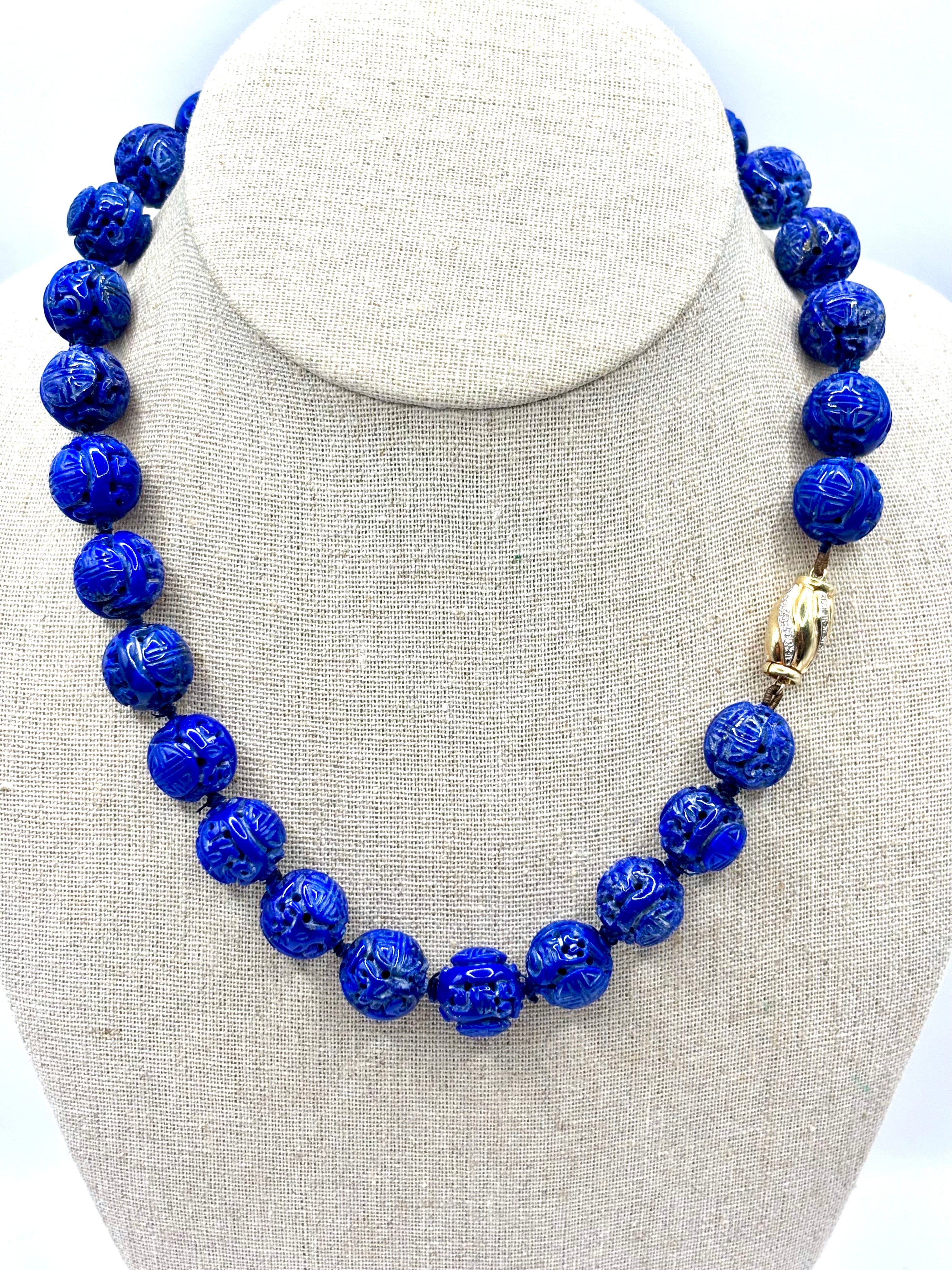 Vintage Carved Lapis Lazuli Bead Necklace with Diamond Set 14 Karat Gold Clasp