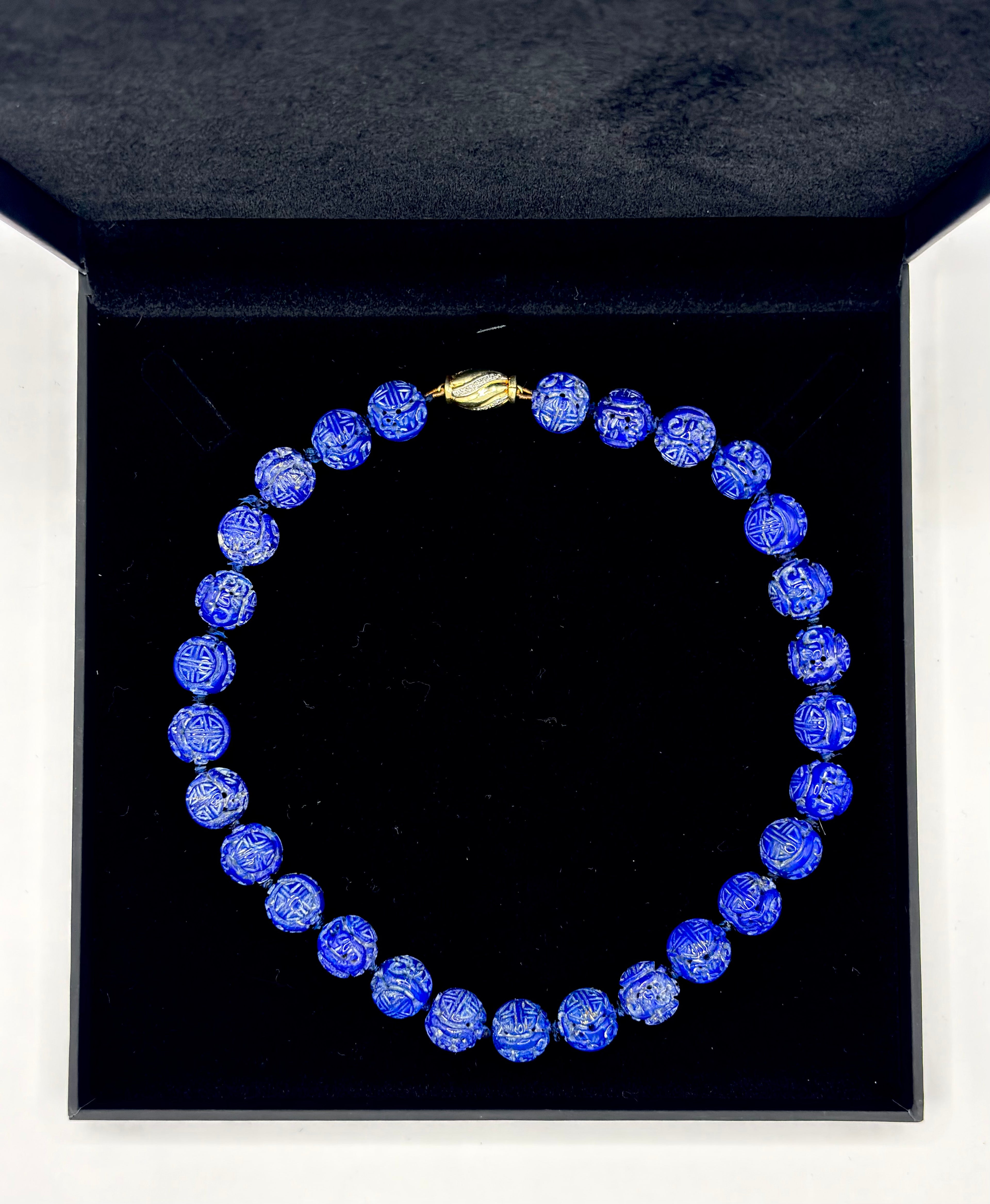 Vintage Carved Lapis Lazuli Bead Necklace with Diamond Set 14 Karat Gold Clasp