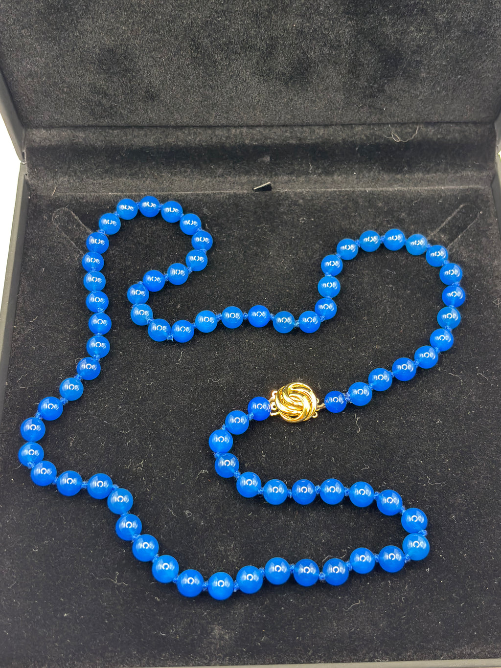 Vintage Blue Agate Bead Necklace, Gold Clasp, 71 cm Length, 53 grams