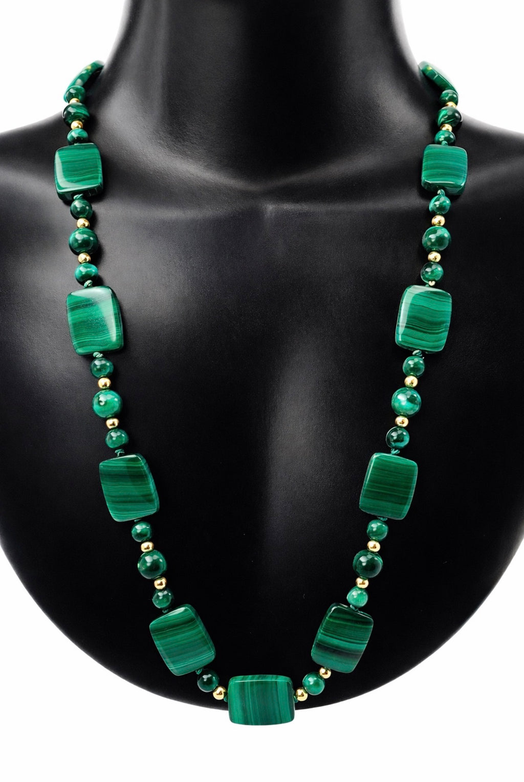 Vintage Malachite and 14K Gold Bead Necklace, Graduated Plaque Design, 50cm, 585 Clasp