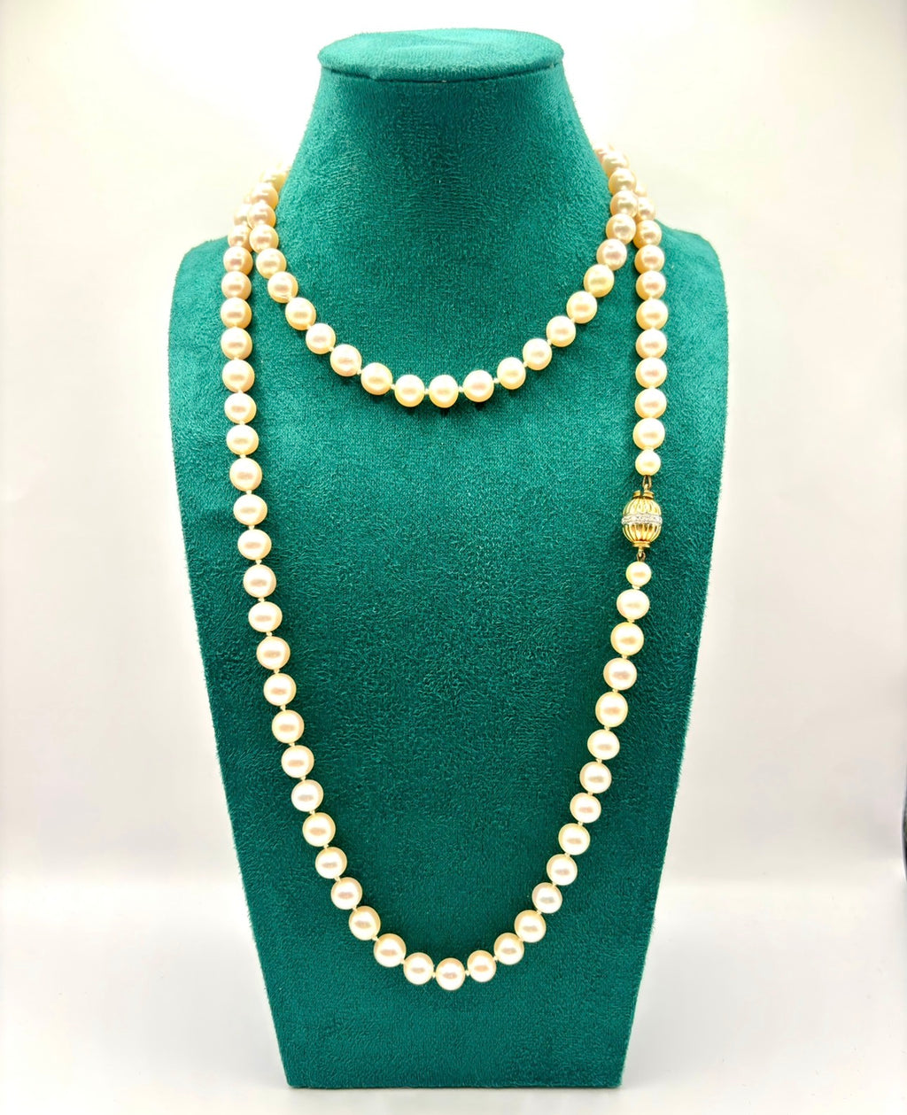Exceptional Long Akoya Pearl Necklace, 97cm, 8mm Pearls, Hallmarked 18K Gold