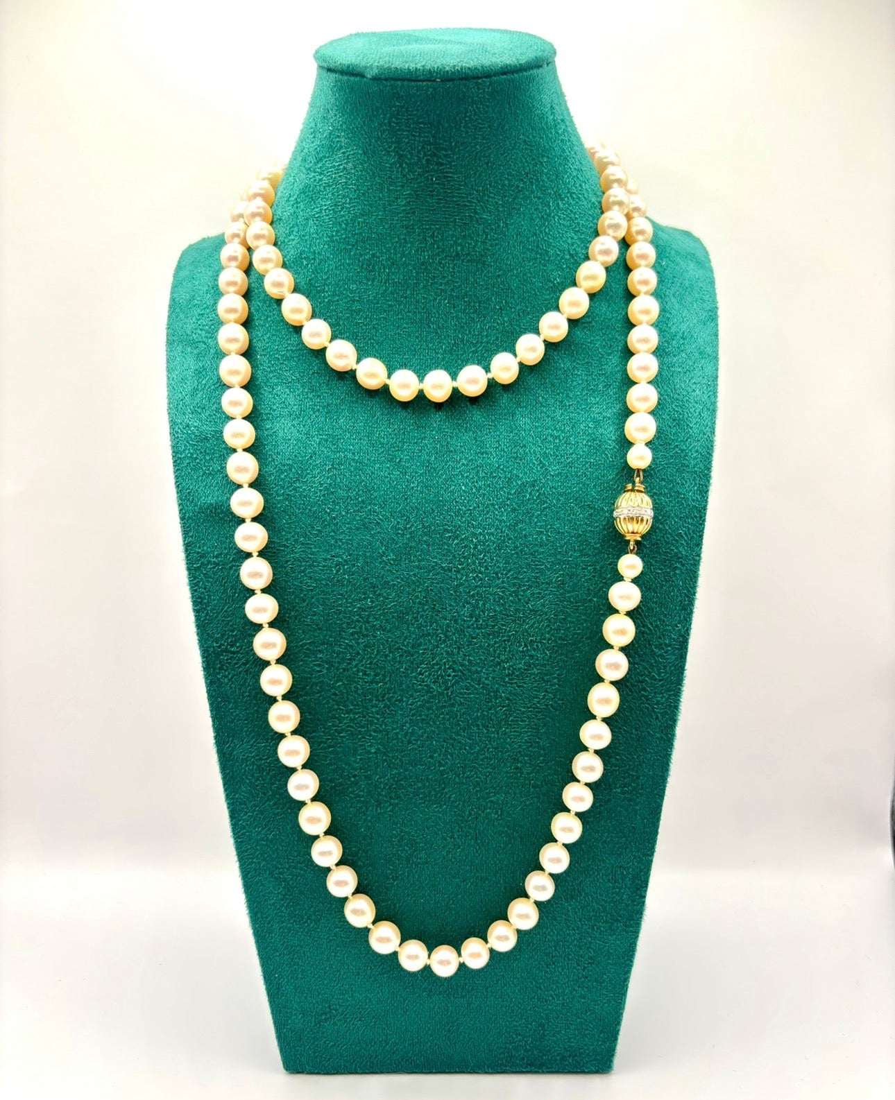 Exceptional Long Akoya Pearl Necklace, 97cm, 8mm Pearls, Hallmarked 18K Gold