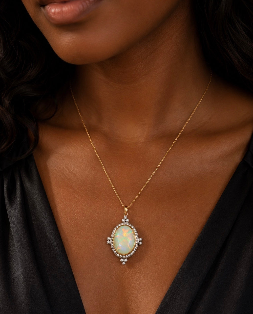 Vintage Edwardian Revival Opal and Diamond Pendant Necklace in 18K Gold with 18K Chain