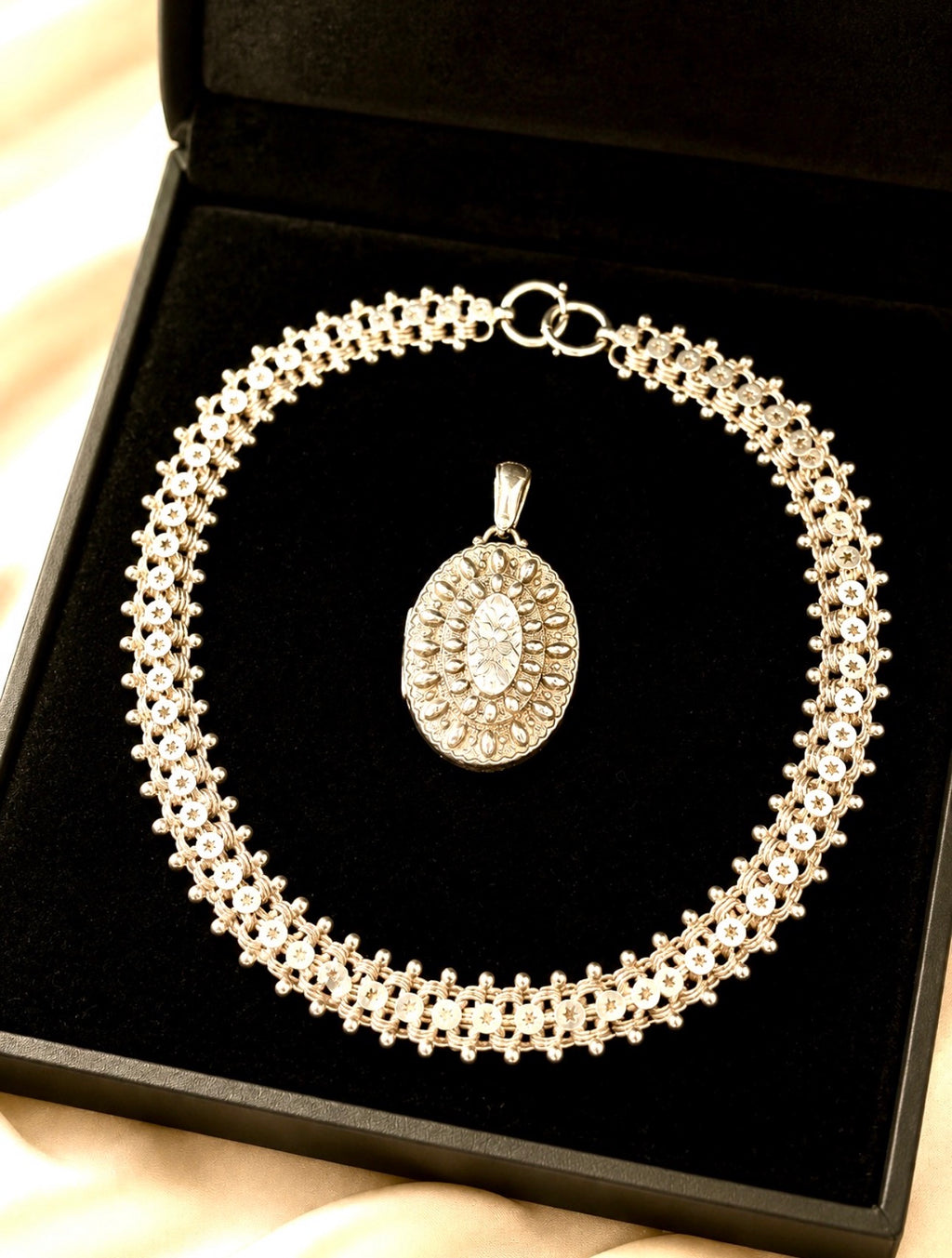 Antique Victorian Sterling Silver Book Chain Necklace with Original Oval Locket