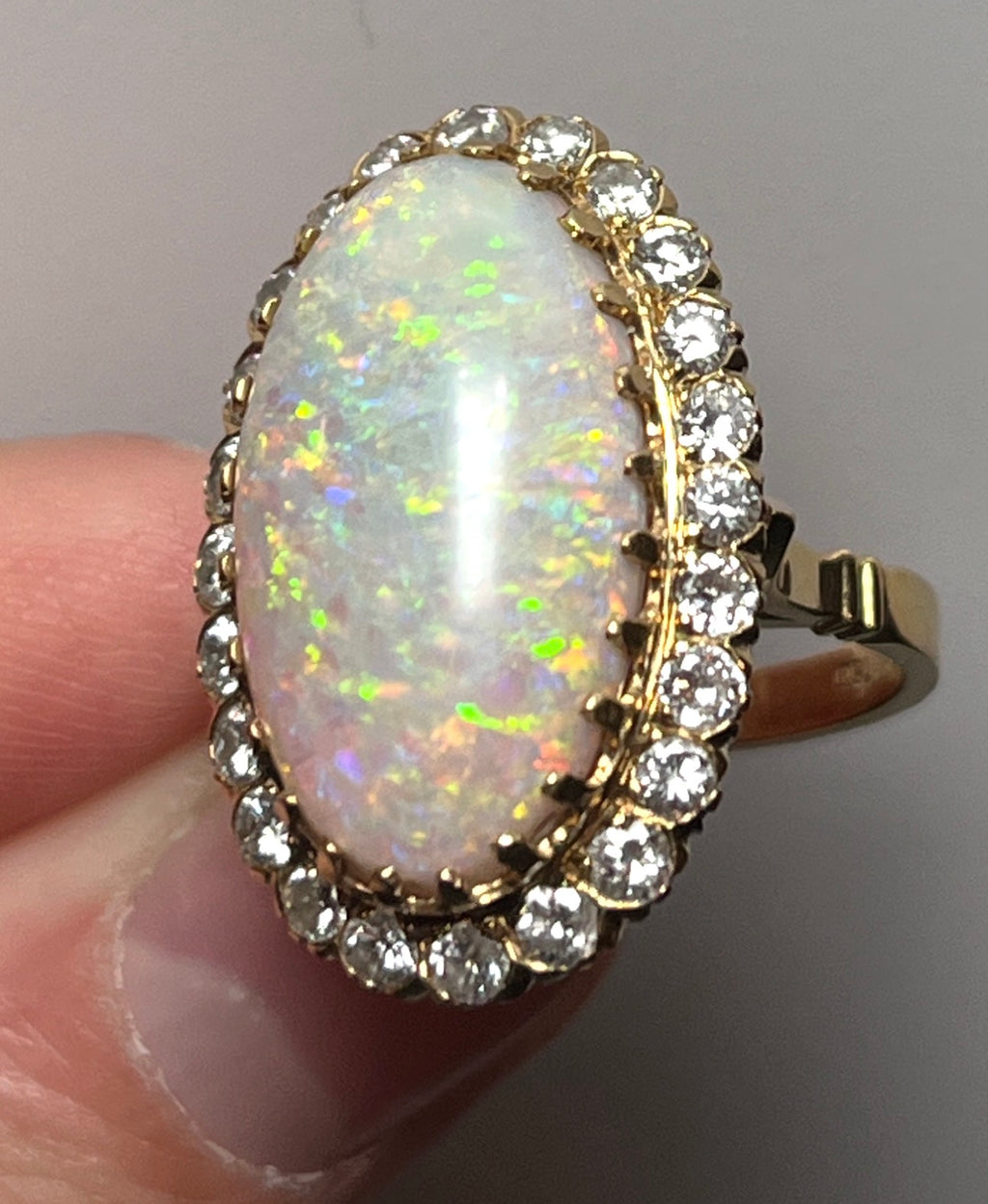 Vintage Large 8.50 carats Australian White Opal Diamond Cluster Ring in 18K Gold