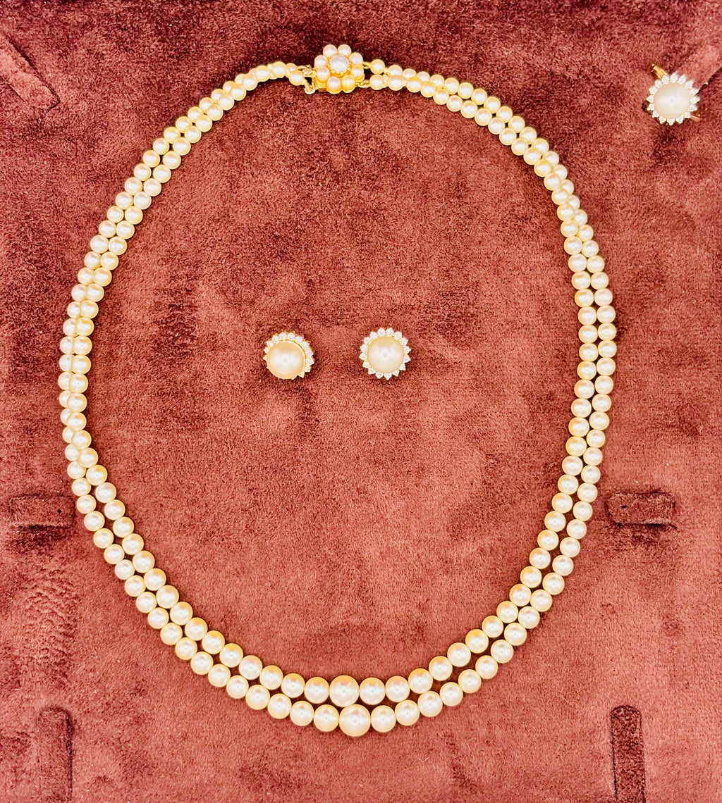 Vintage Double Strand Cultured Pearl Necklace, Graduated, Gold & Pearls Clasp