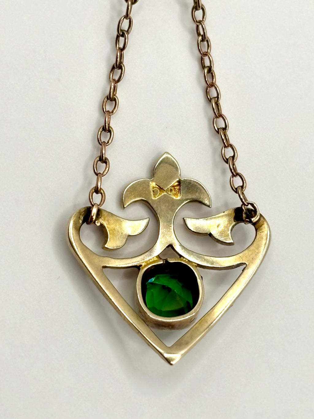 Edwardian 9ct Gold Pink & Apple Green Tourmaline Lavaliere Necklace with Pearls