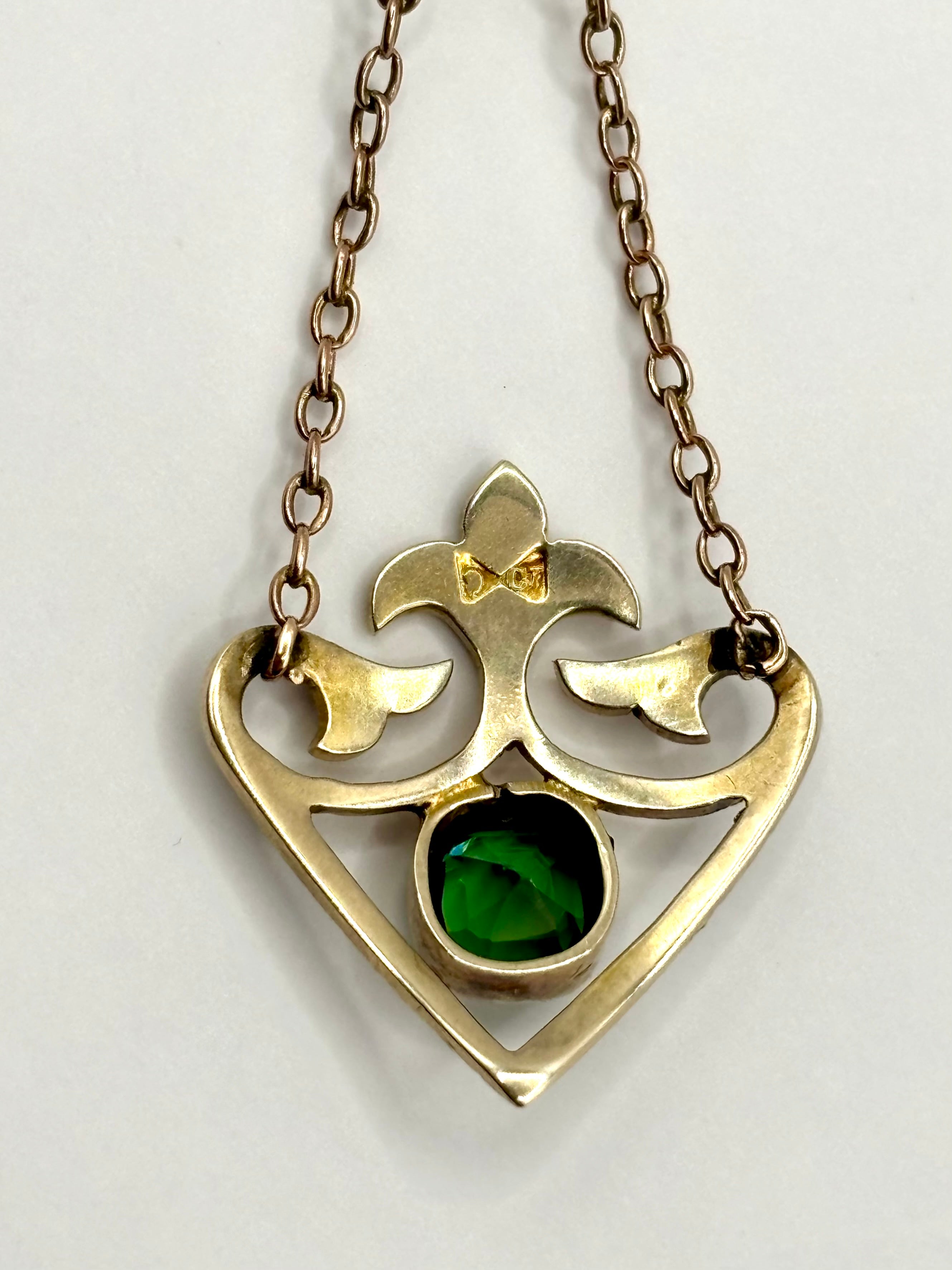 Edwardian 9ct Gold Pink & Apple Green Tourmaline Lavaliere Necklace with Pearls
