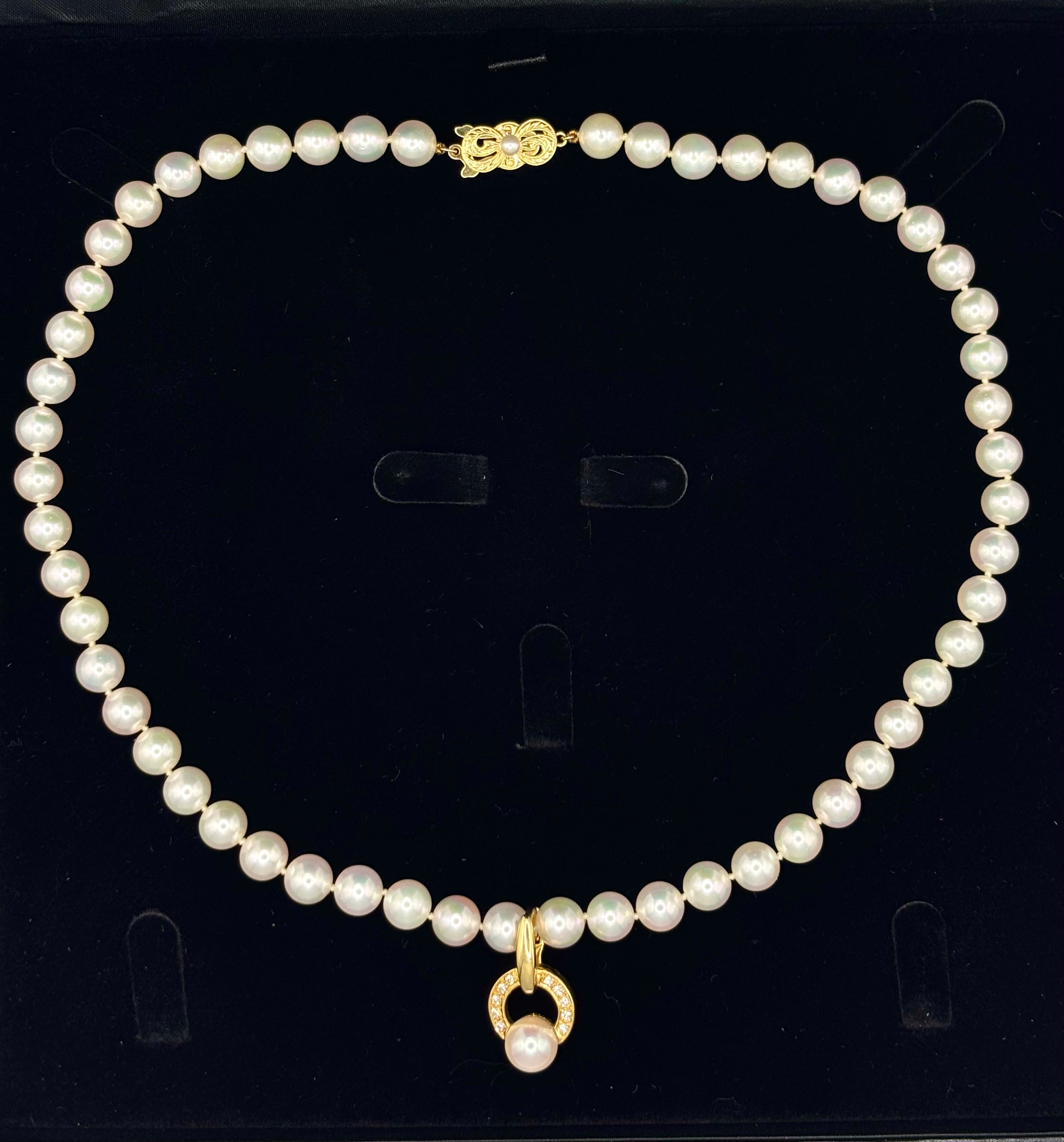 Mikimoto Cultured Akoya Pearl Necklace Suite, Diamond Pendant & Earrings, 18K Gold