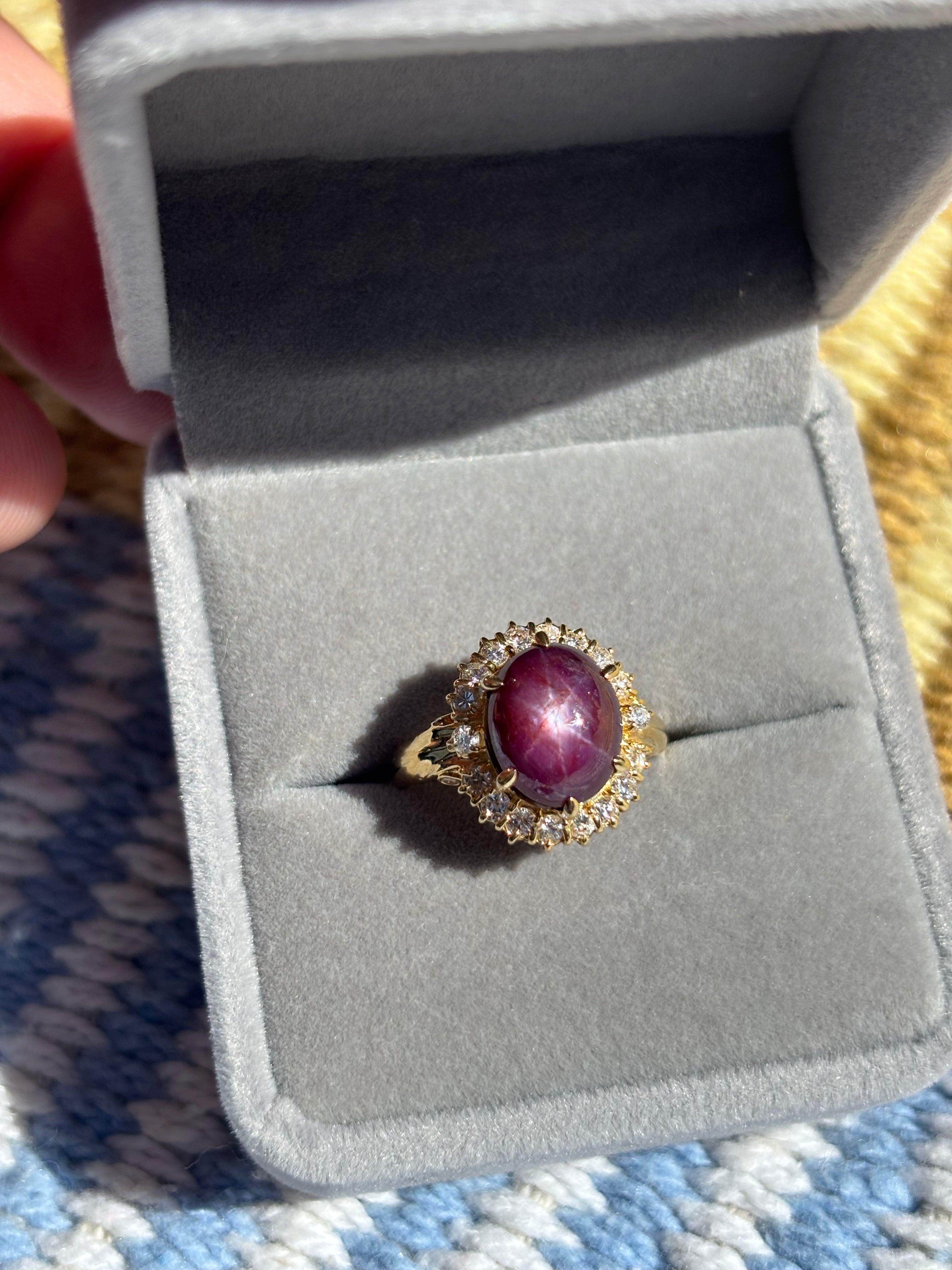 Large 8.50ct Natural Unheated Star Ruby Diamond Cluster Ring, GCS Certified, 18k Gold