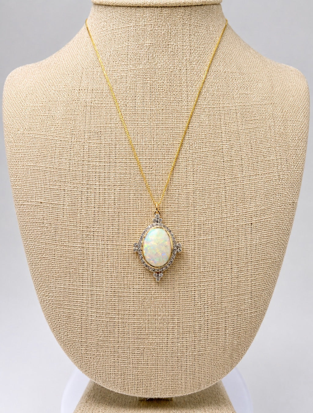 Vintage Edwardian Revival Opal and Diamond Pendant Necklace in 18K Gold with 18K Chain