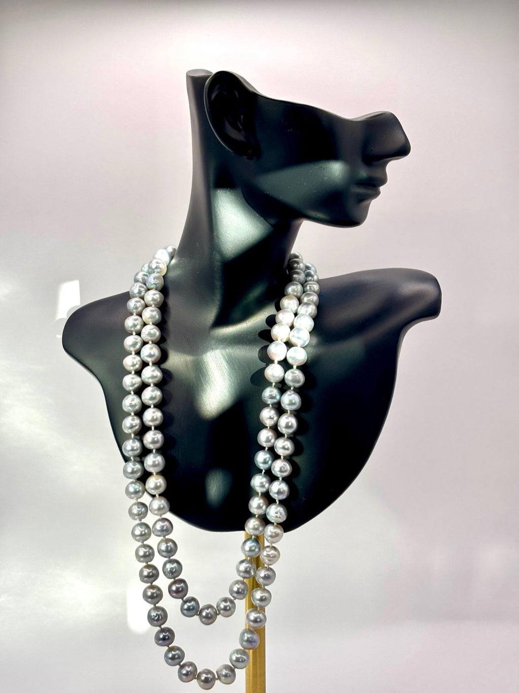 Long Grey Cultured Freshwater Pearl Opera Necklace, 8mm Knotted Strand, 14K Gold Clasp, 96cm