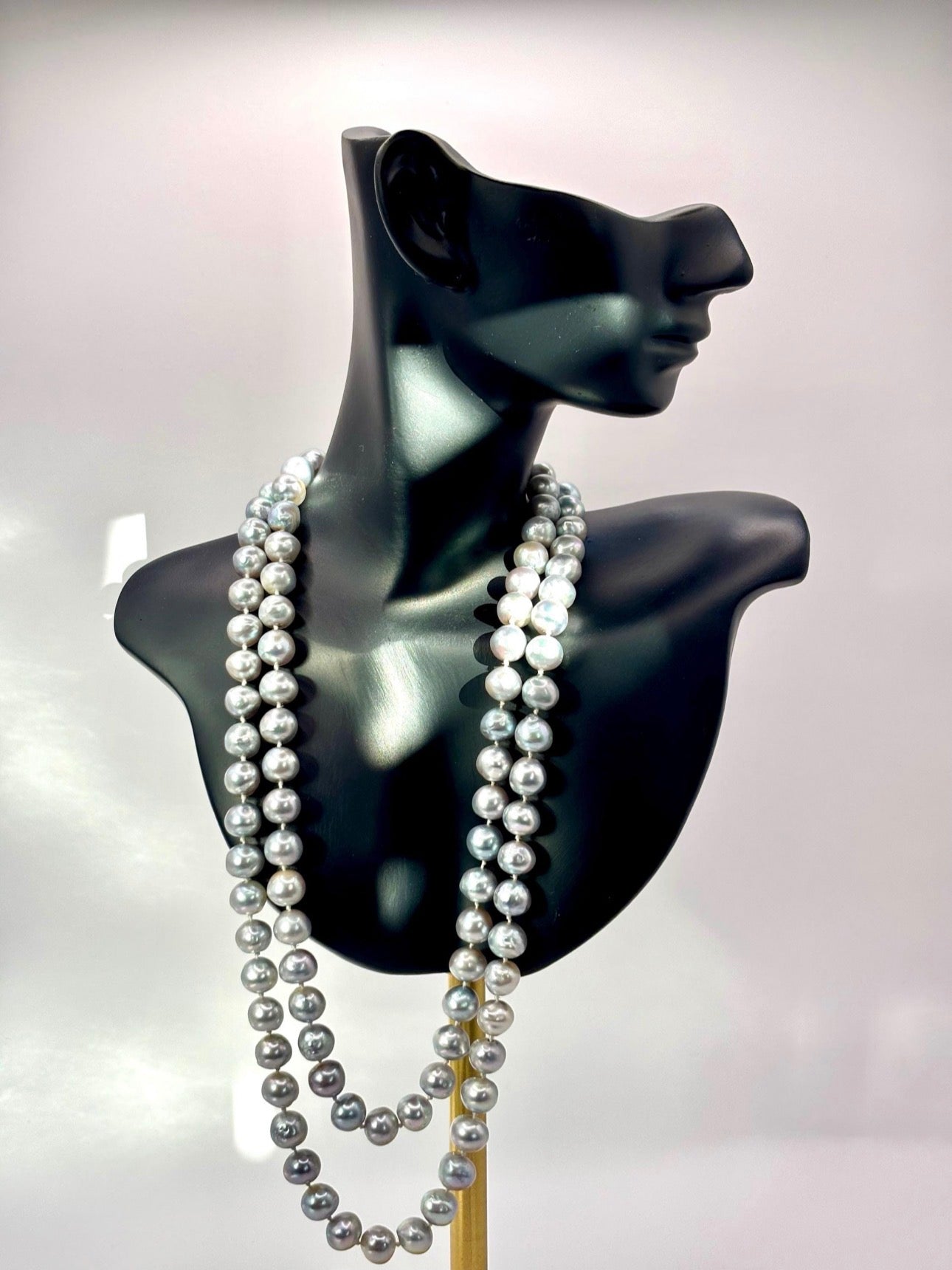 Long Grey Cultured Freshwater Pearl Opera Necklace, 8mm Knotted Strand, 14K Gold Clasp, 96cm