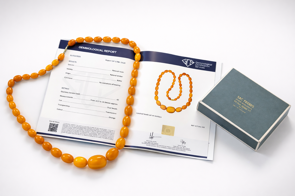 Antique Baltic Butterscotch Amber Bead Necklace, 104g, 30mm Bead Sac Freres