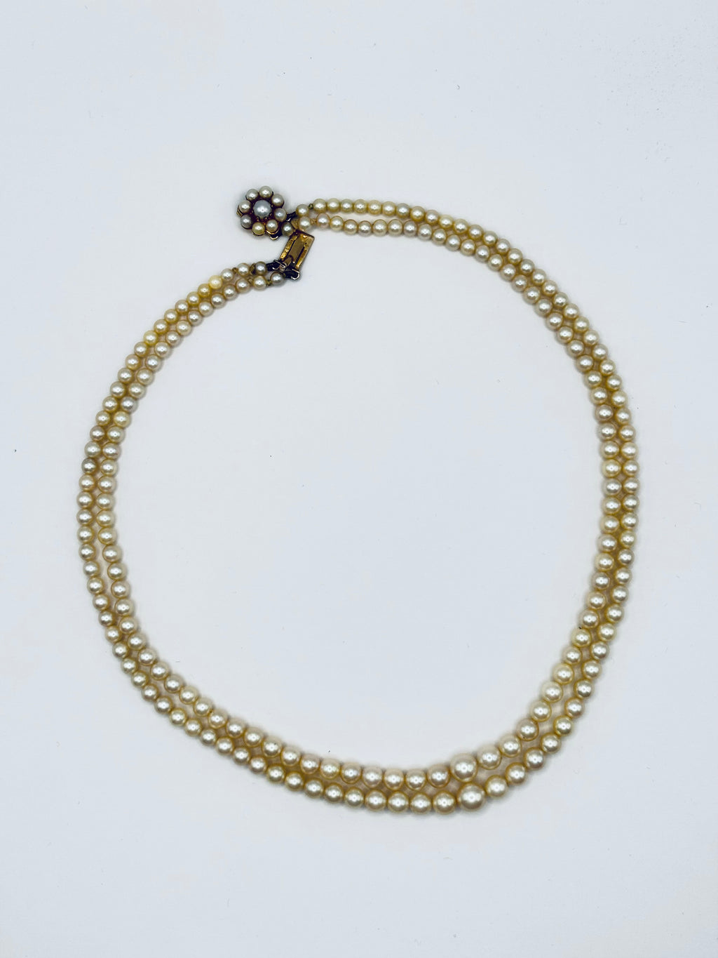 Vintage Double Strand Cultured Pearl Necklace, Graduated, Gold & Pearls Clasp