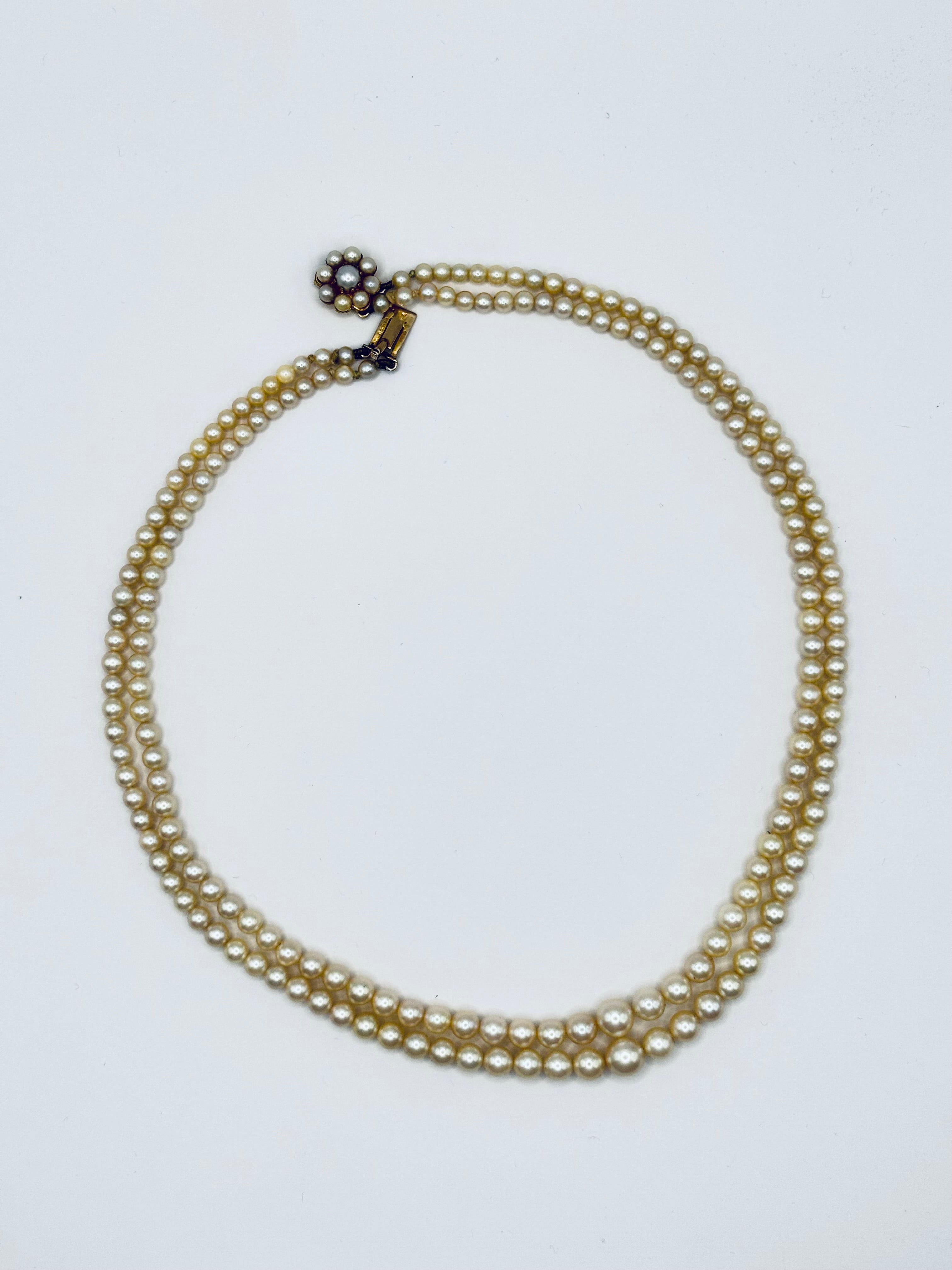 Vintage Double Strand Cultured Pearl Necklace, Graduated, Gold & Pearls Clasp