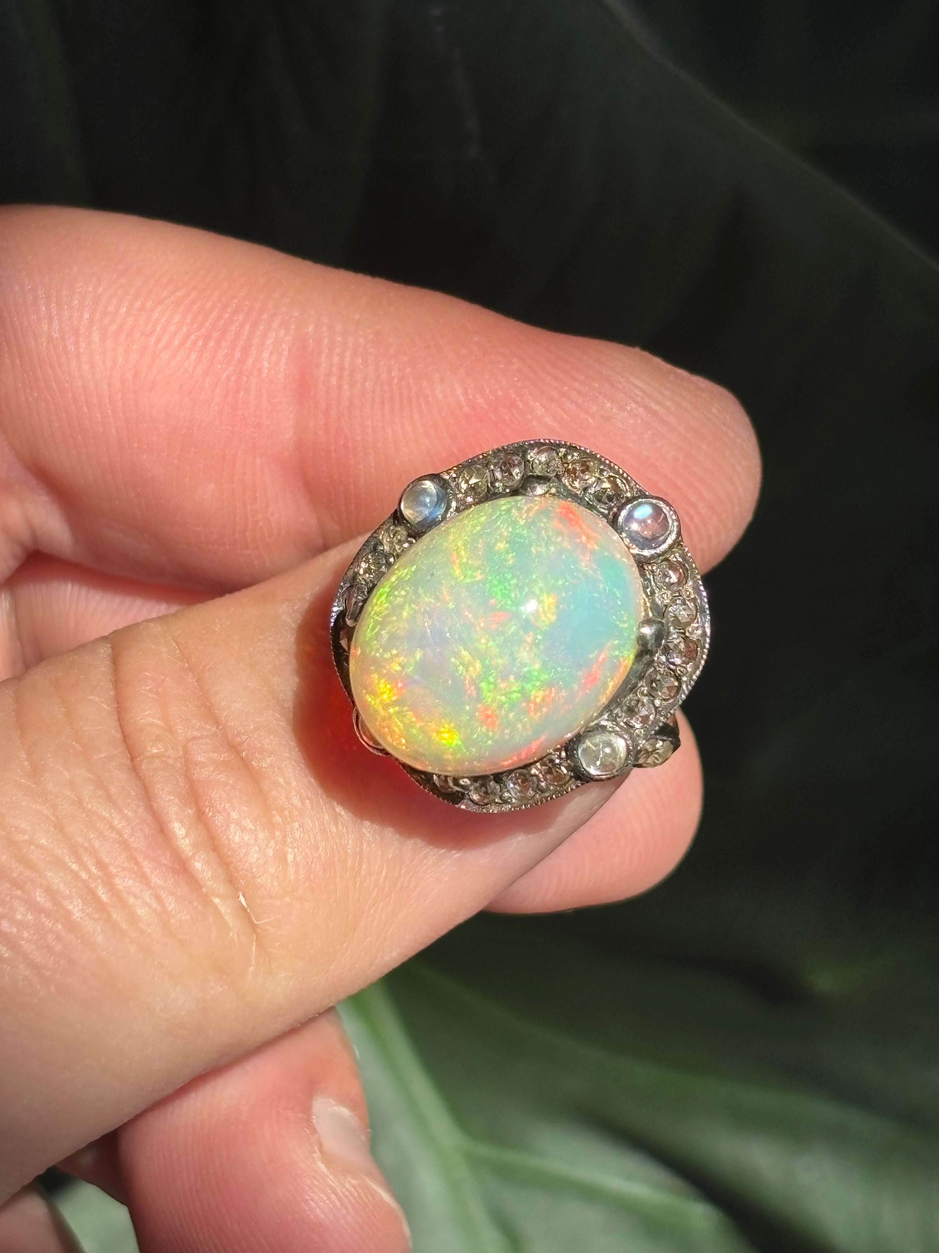 Late Victorian Certified 13.5 Carat Precious Opal Diamond Cluster Ring