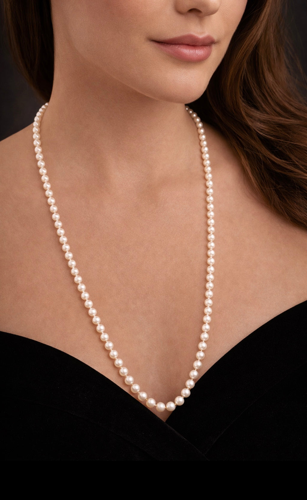Akoya Cultured Pearl Long Necklace, 45cm (90cm overall) Opera Length, 7.1–7.3mm 120-125 pearls, White Strand with pink overtones