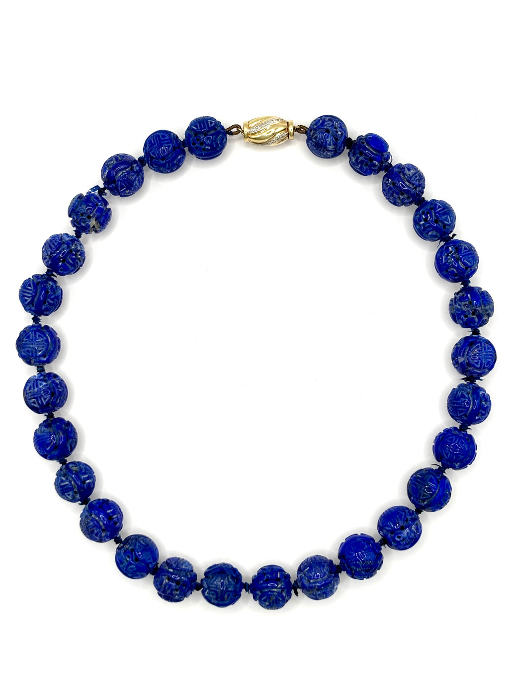 Vintage Carved Lapis Lazuli Bead Necklace with Diamond Set 14 Karat Gold Clasp
