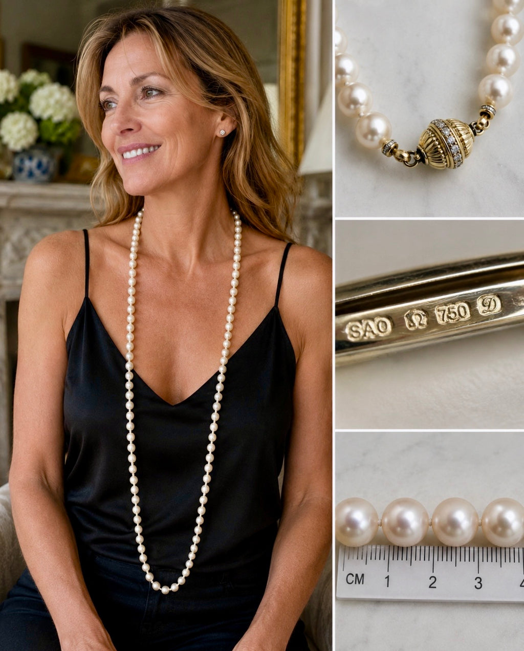 Exceptional Long Akoya Pearl Necklace, 97cm, 8mm Pearls, Hallmarked 18K Gold