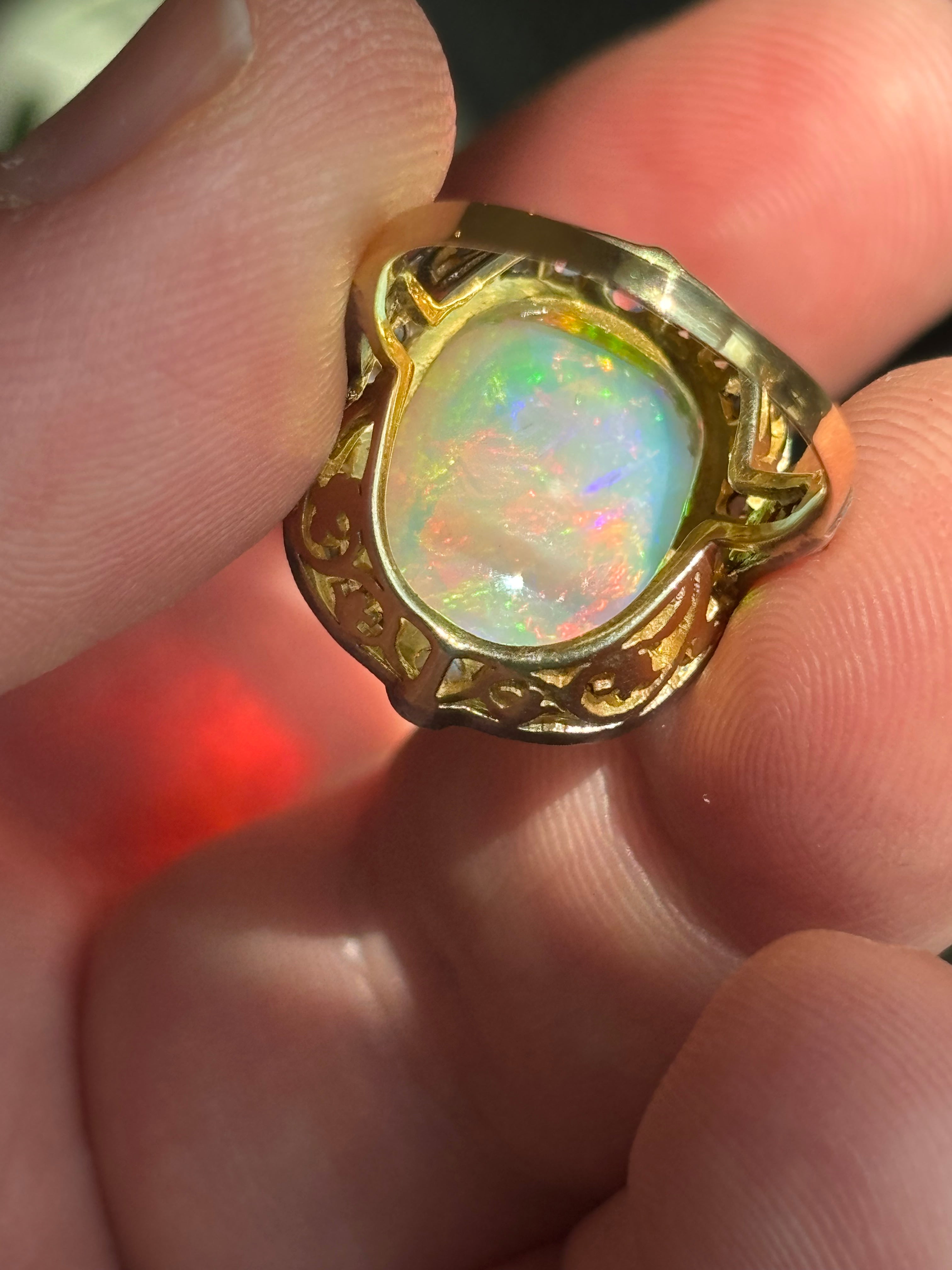Late Victorian Certified 13.5 Carat Precious Opal Diamond Cluster Ring